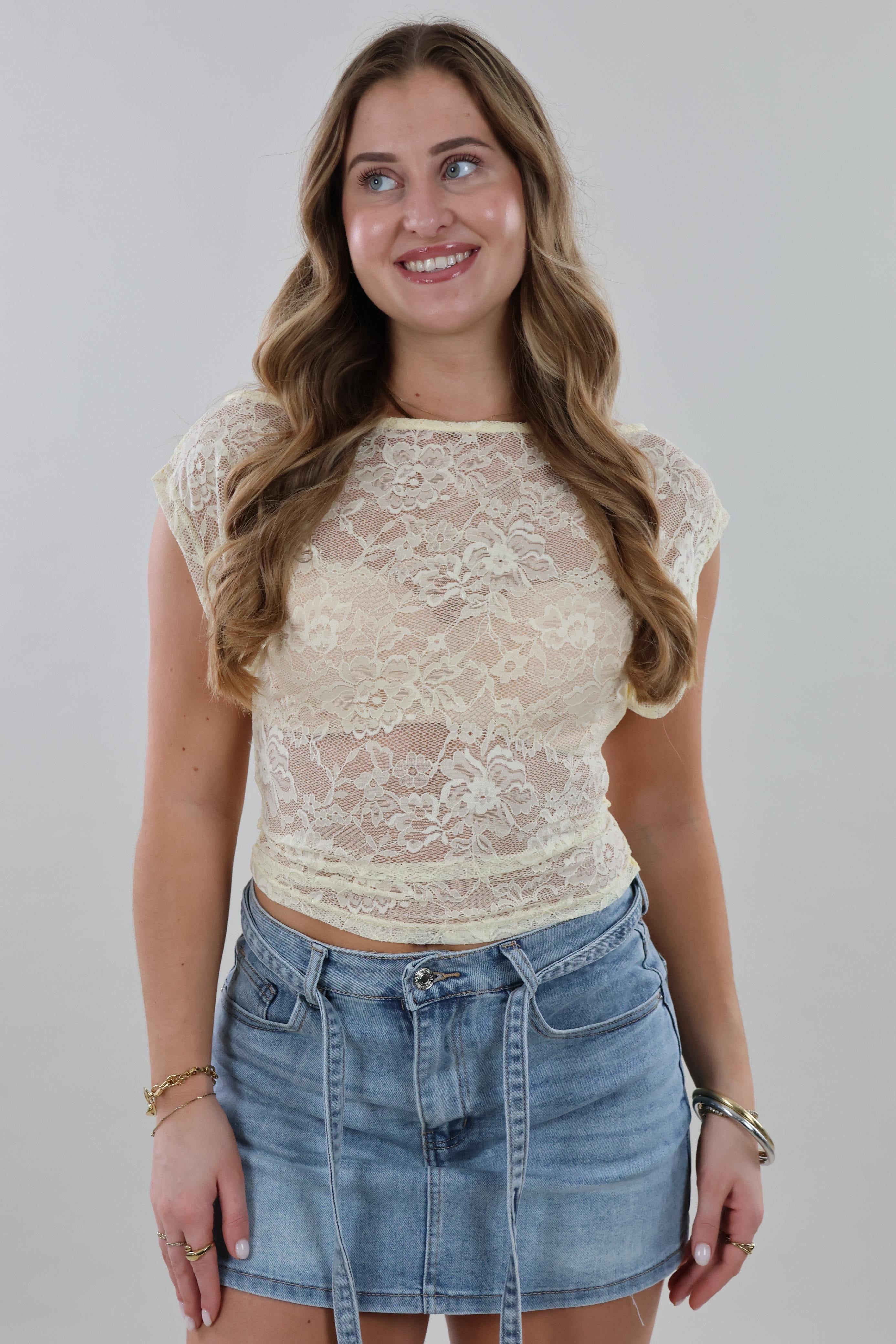 Sheer lace cropped Top - Butter yellow