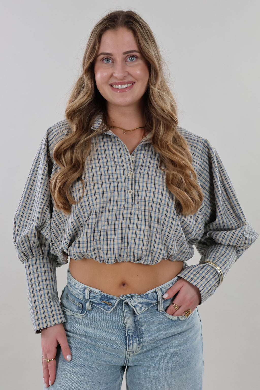 Plaid cropped Blouse - Beige