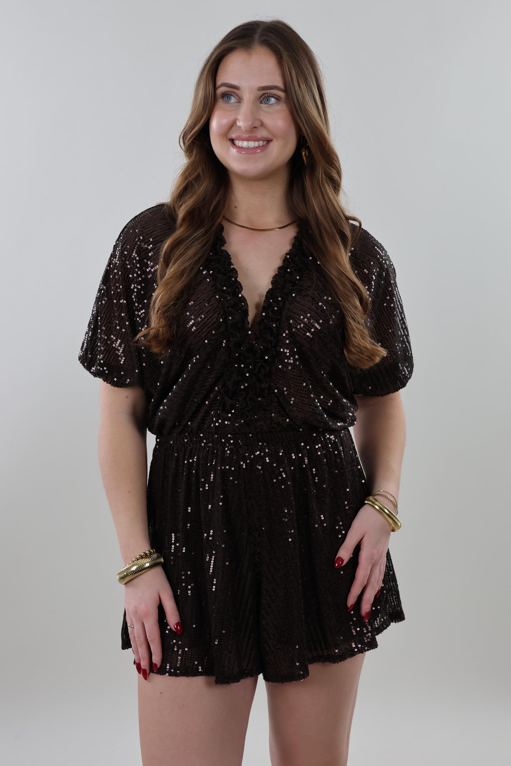 Sequin V-neck Playsuit – Dark brown