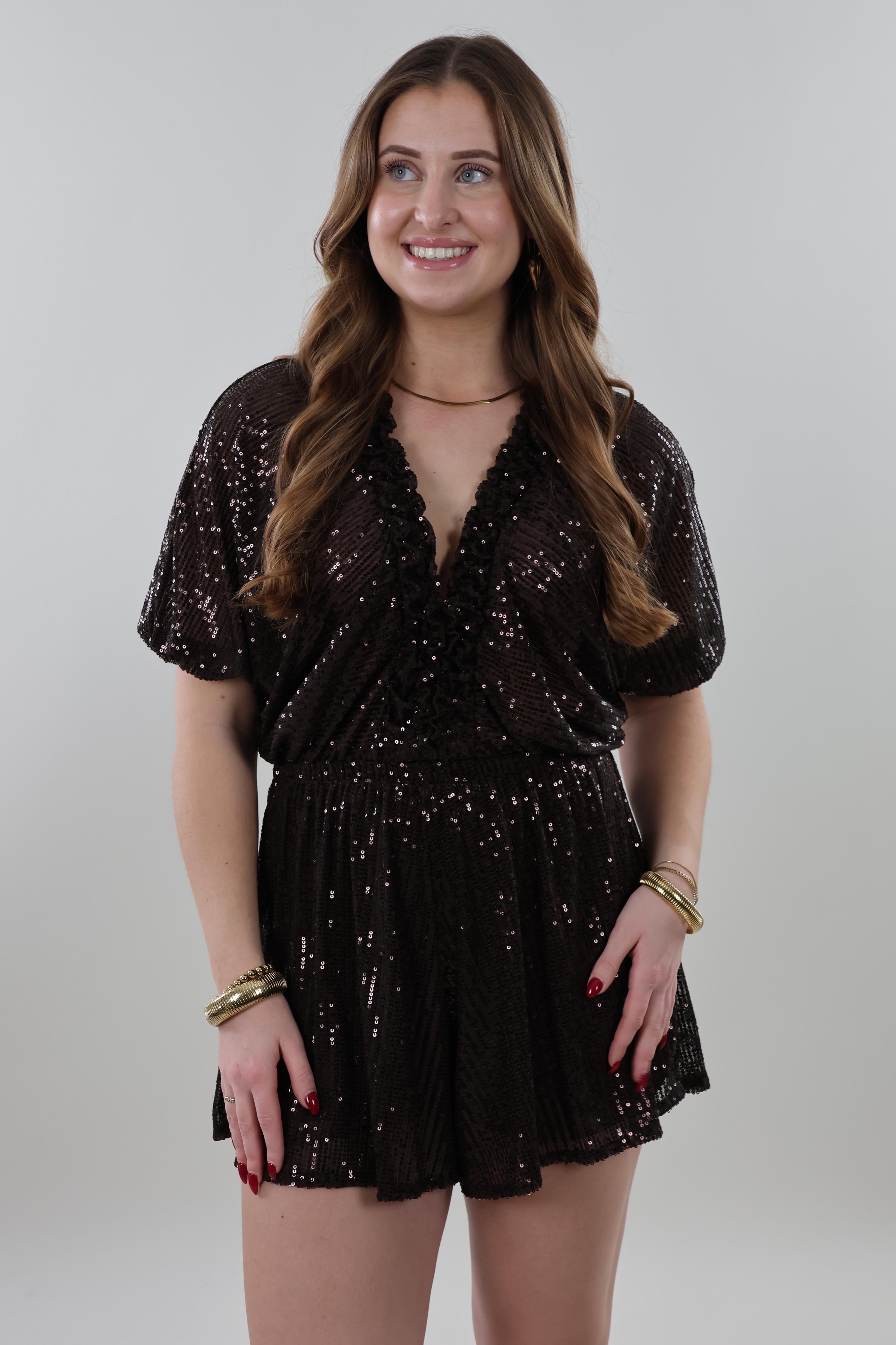 Sequin V-neck Playsuit – Dark brown