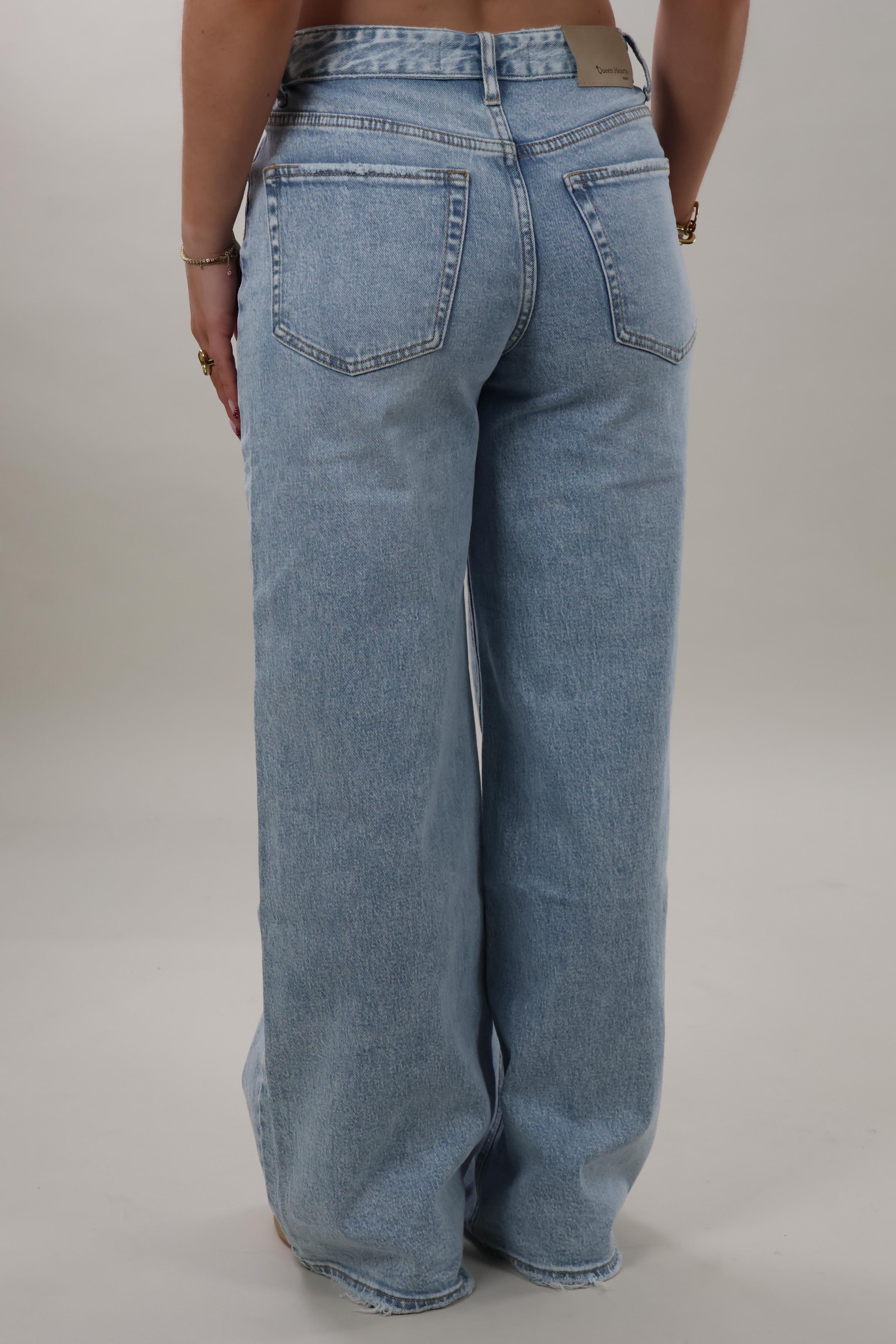 Foldover waist wide leg Jeans - Blue washed
