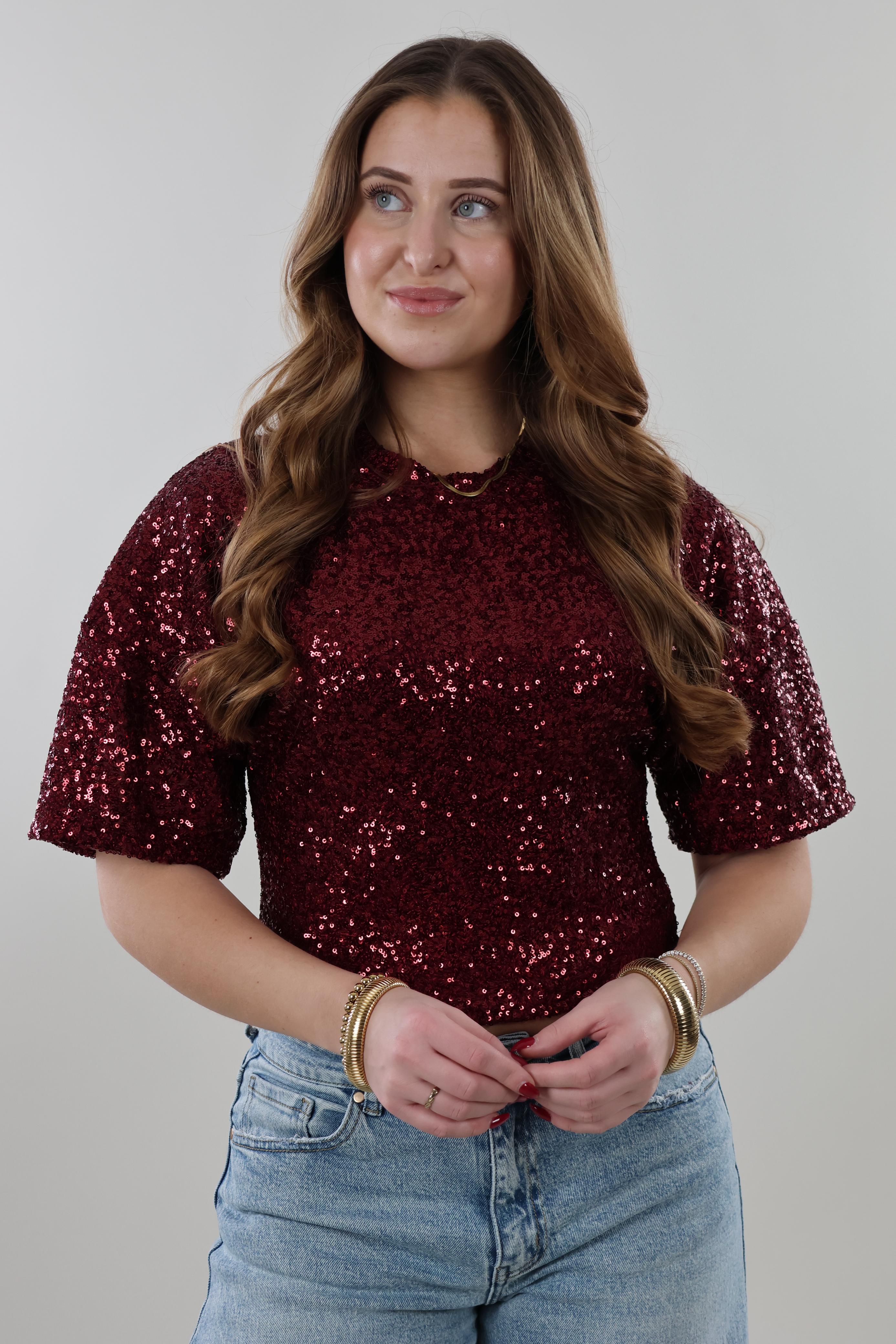 Fitted sequin sparkle Top – Burgundy
