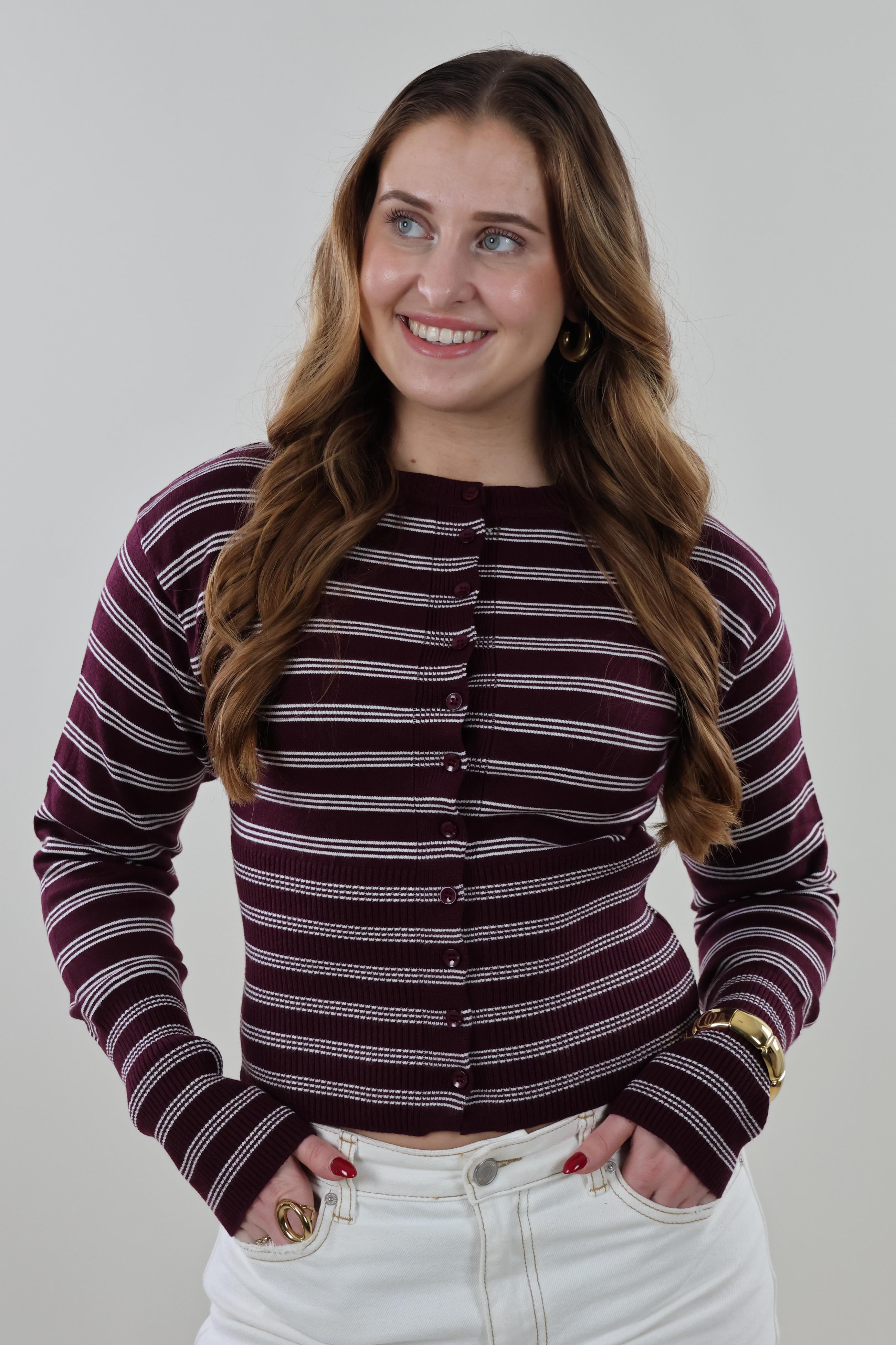 Striped ribbed knit Cardigan - Burgundy