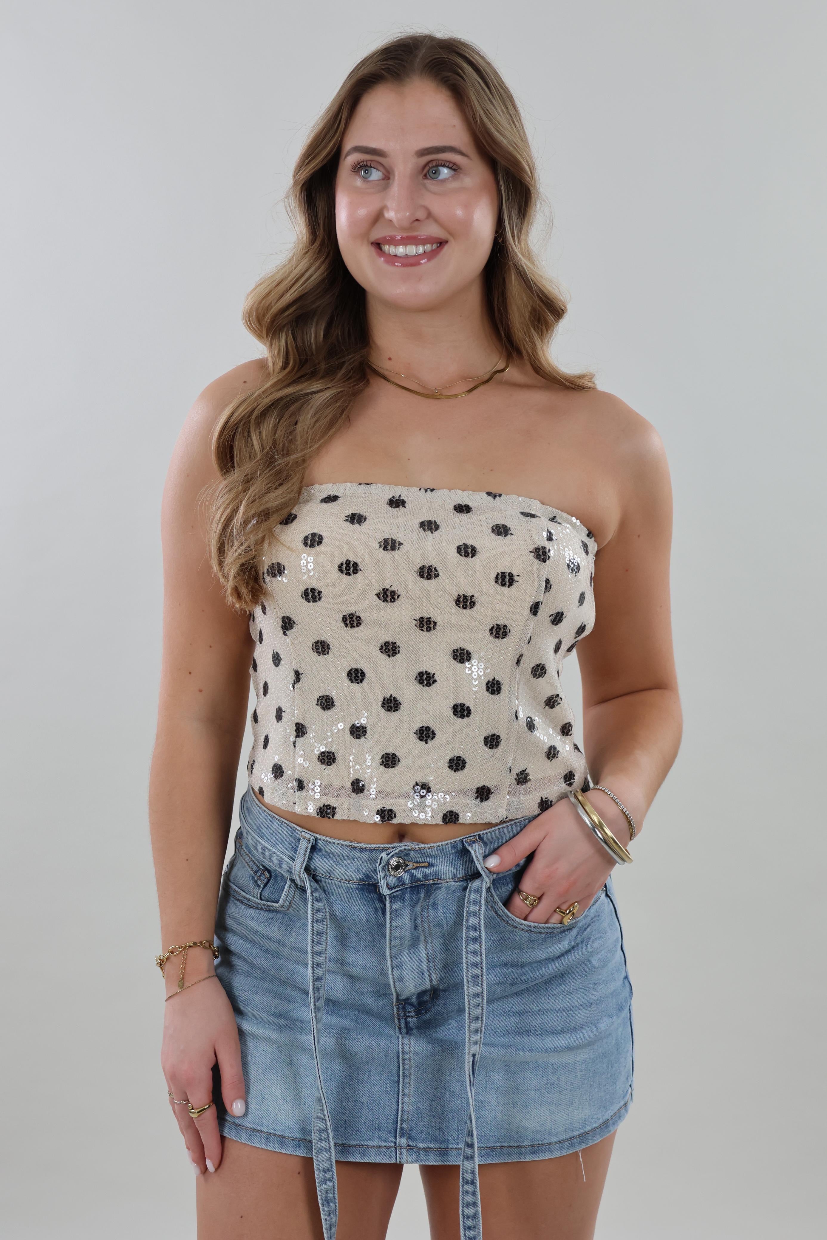 Sequin polka dot bandeau Top - Beige