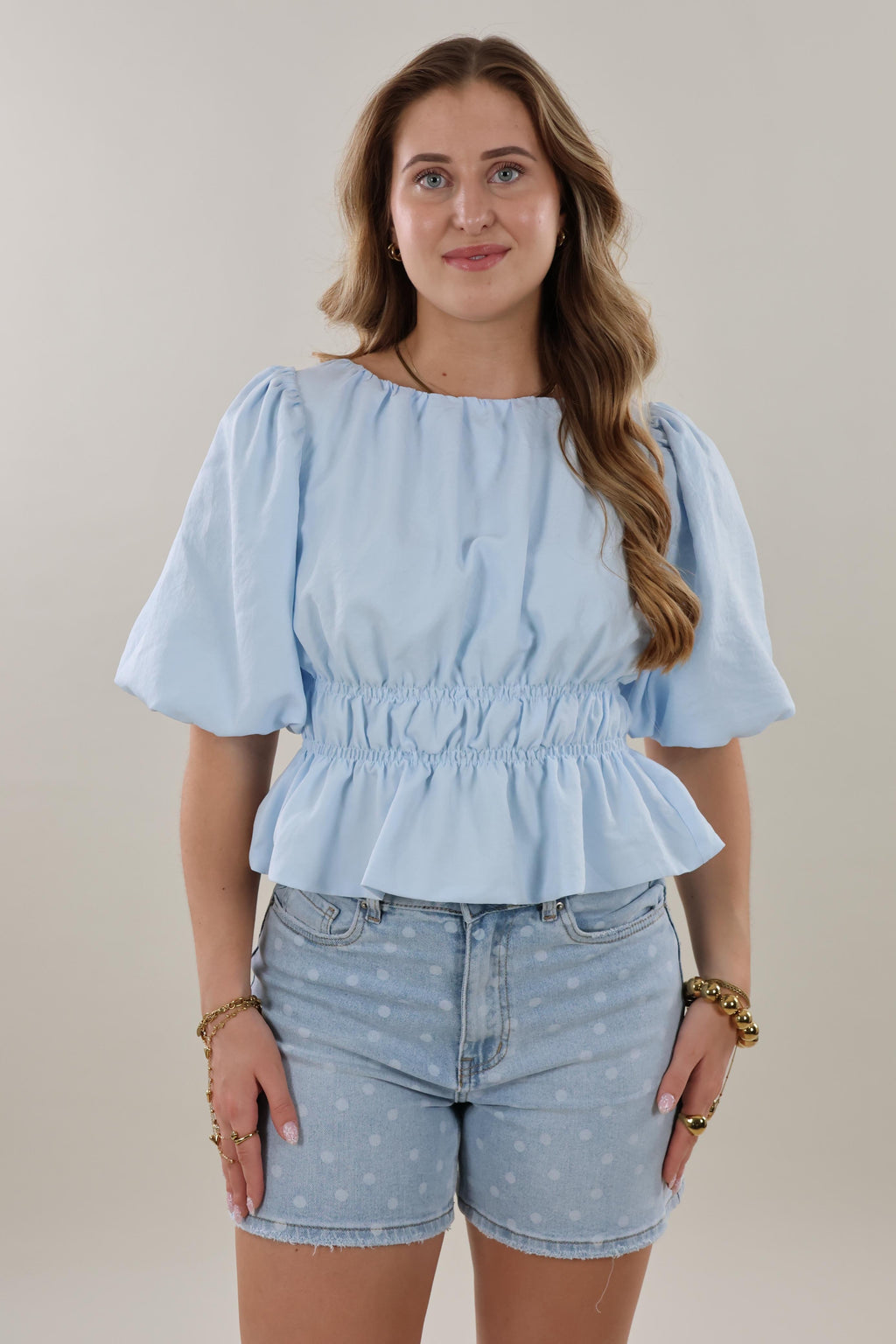 Smocked puff sleeve Top - Light blue