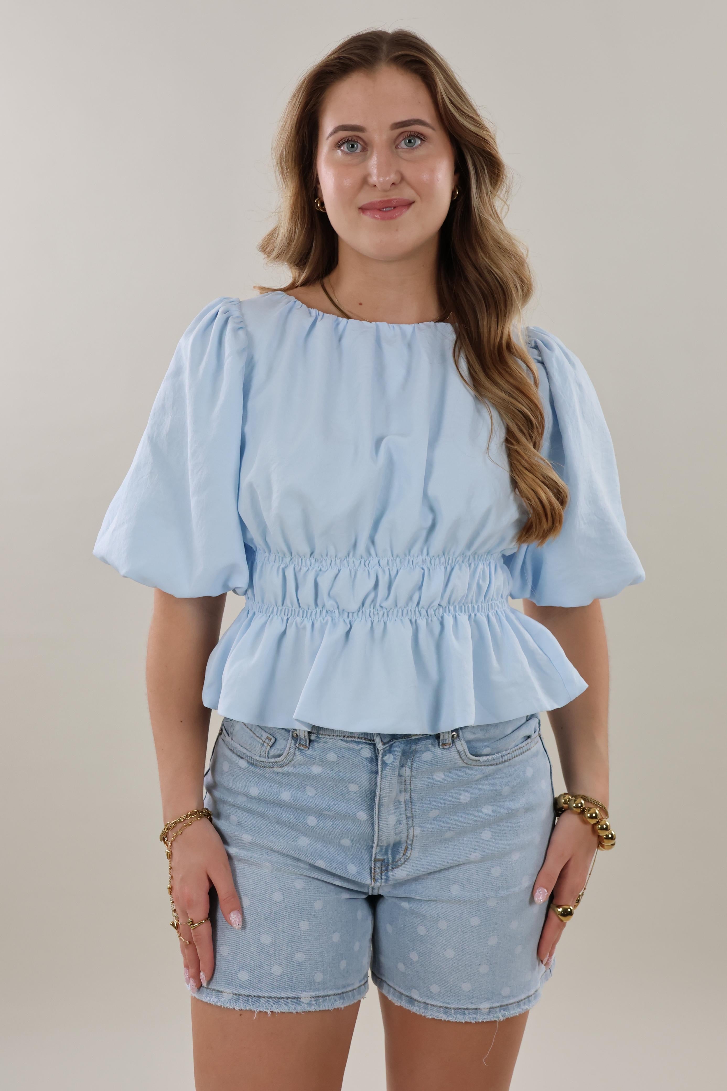 Smocked puff sleeve Top - Light blue