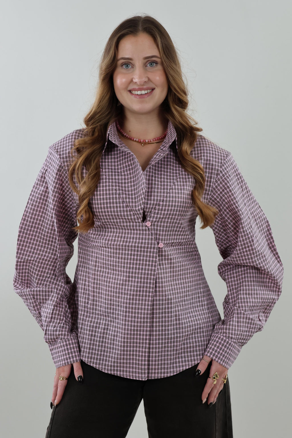 Checked button Blouse - Pink