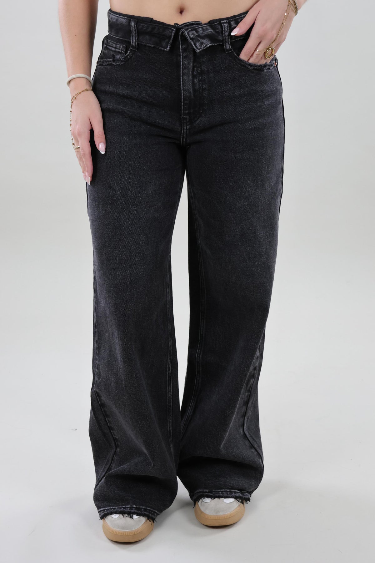 Foldover waist wide leg Jeans - Black