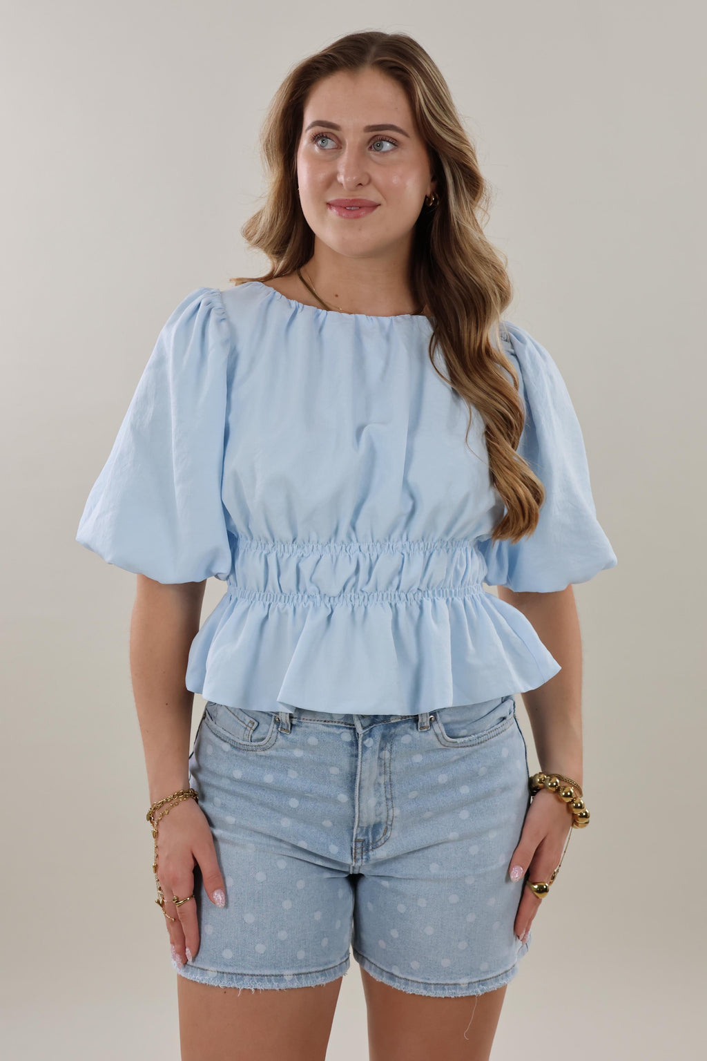 Smocked puff sleeve Top - Light blue