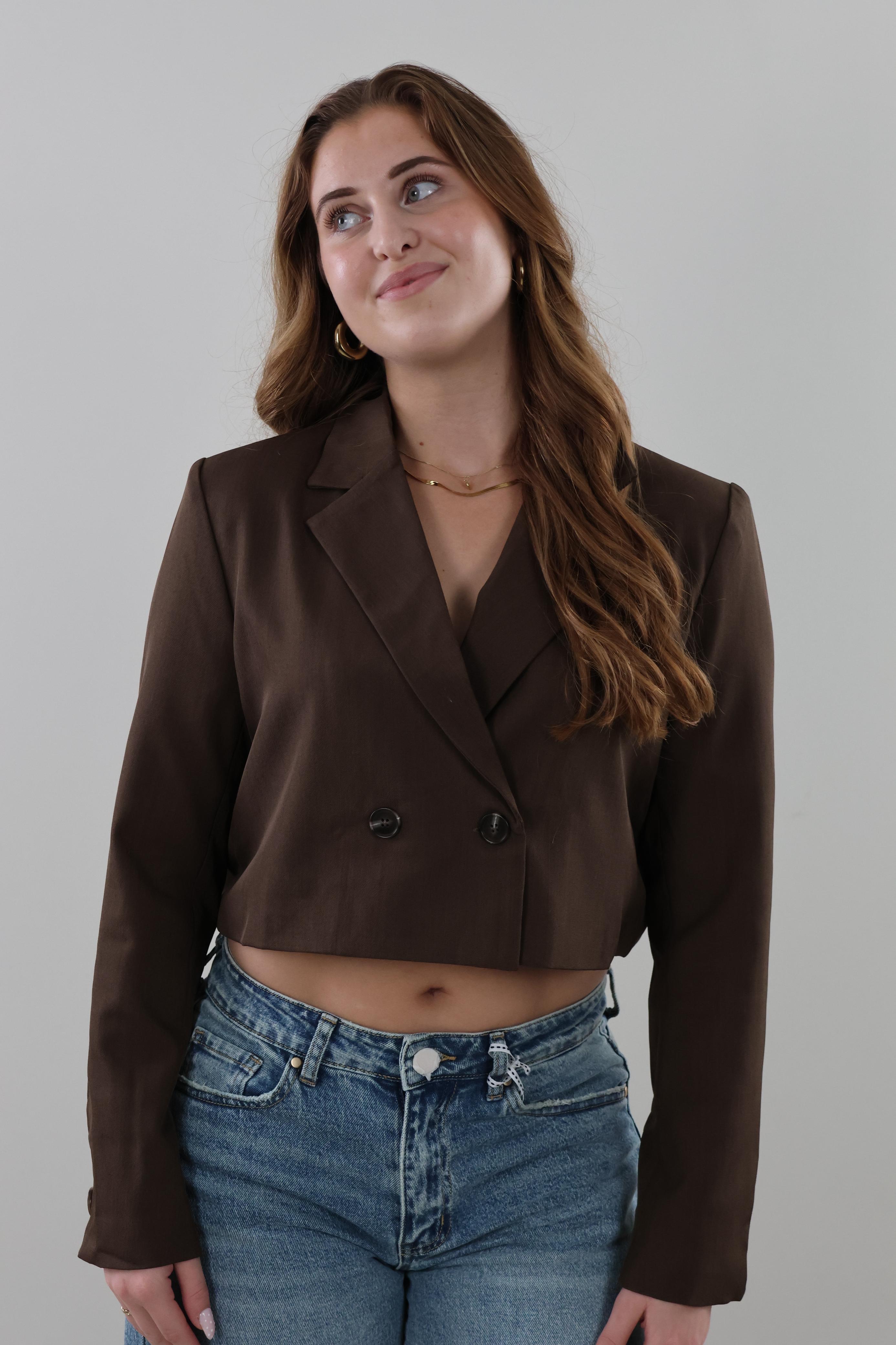 Cropped double-breasted Blazer - Dark brown