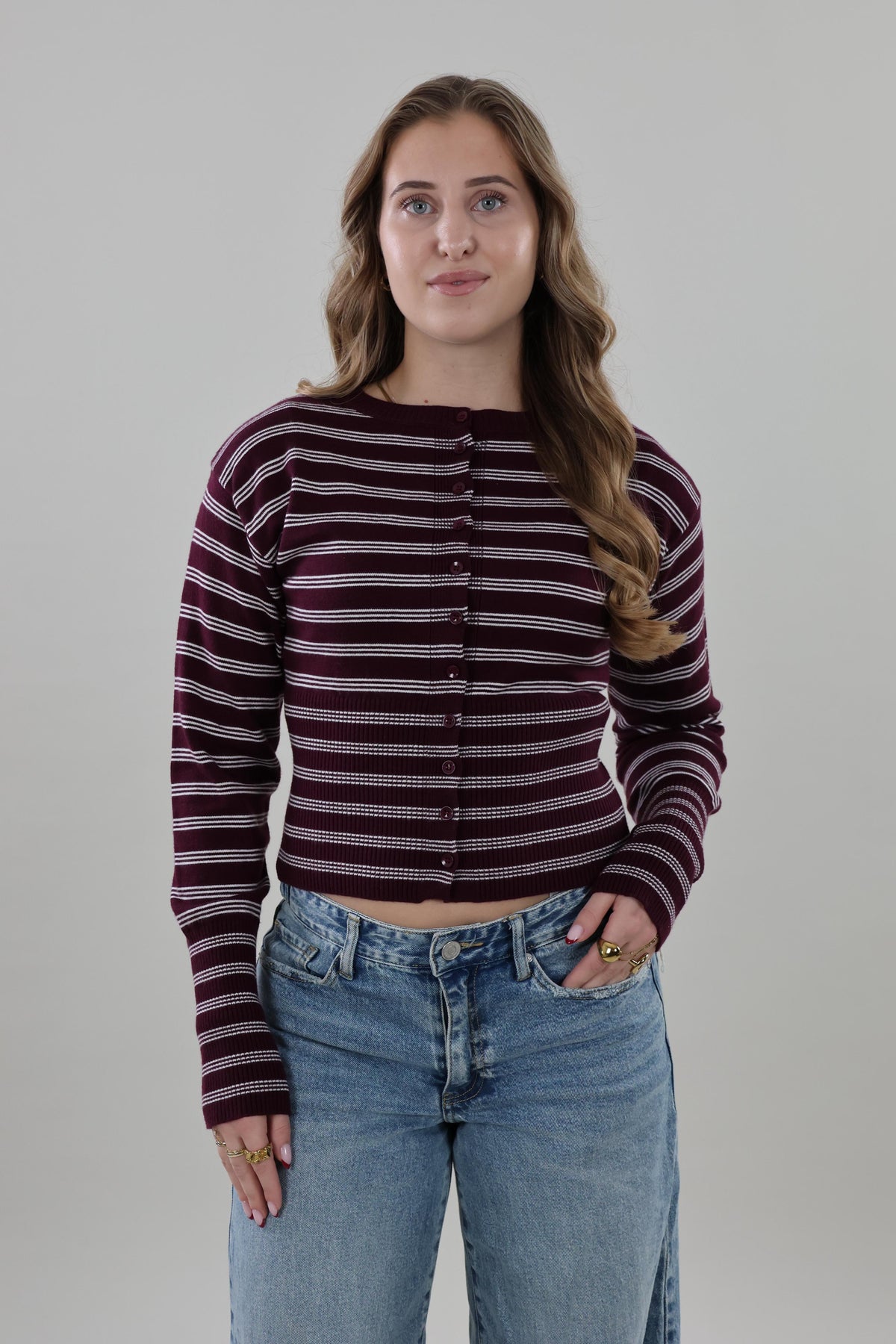 Striped ribbed knit Cardigan - Burgundy