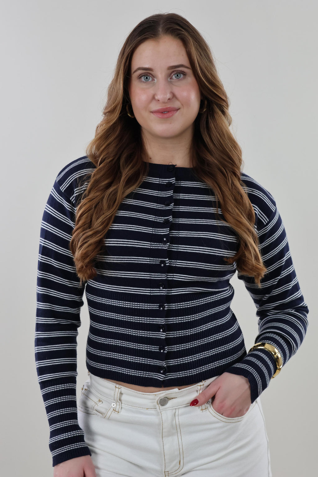 Striped ribbed knit Cardigan - Navy