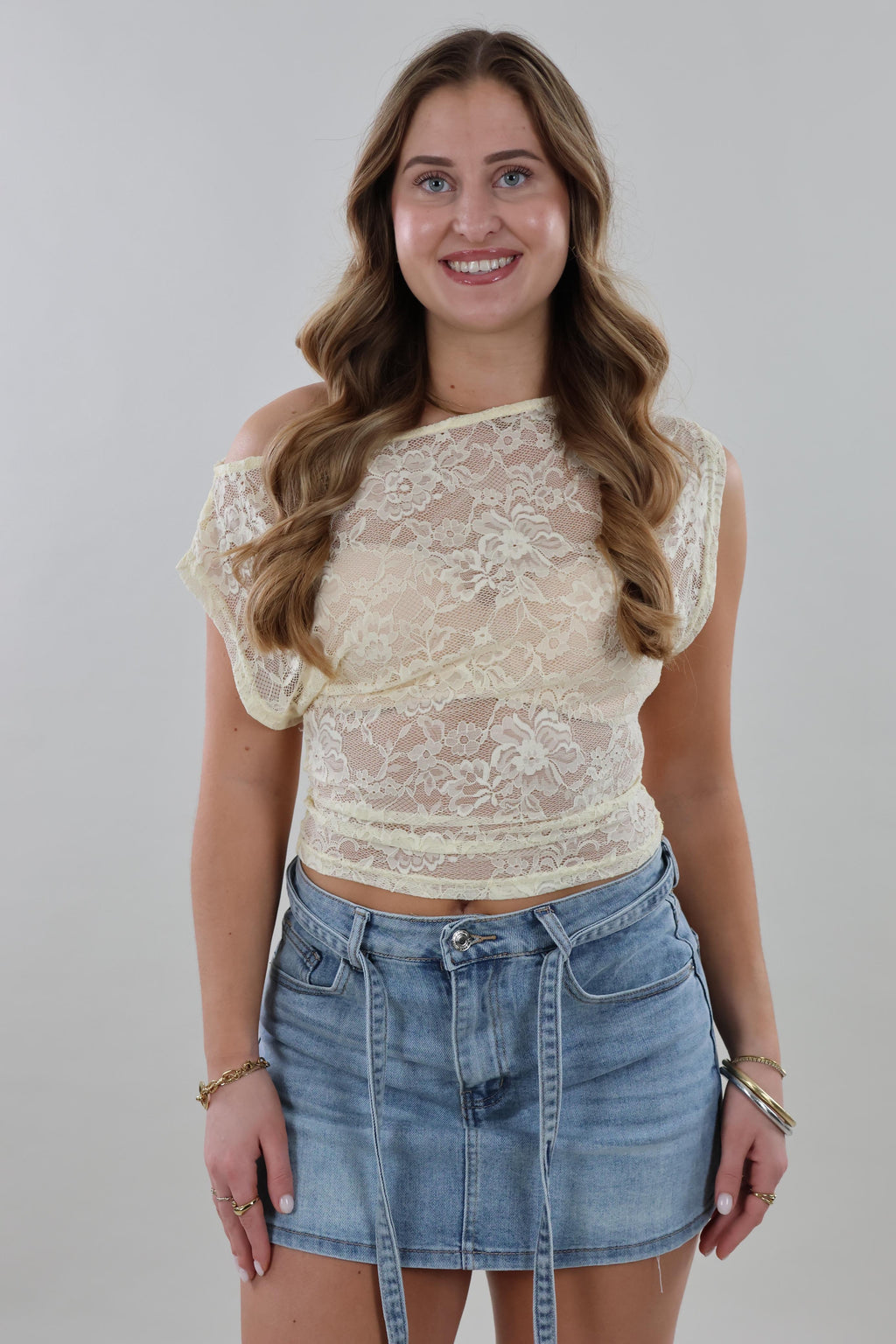 Sheer lace cropped Top - Butter yellow