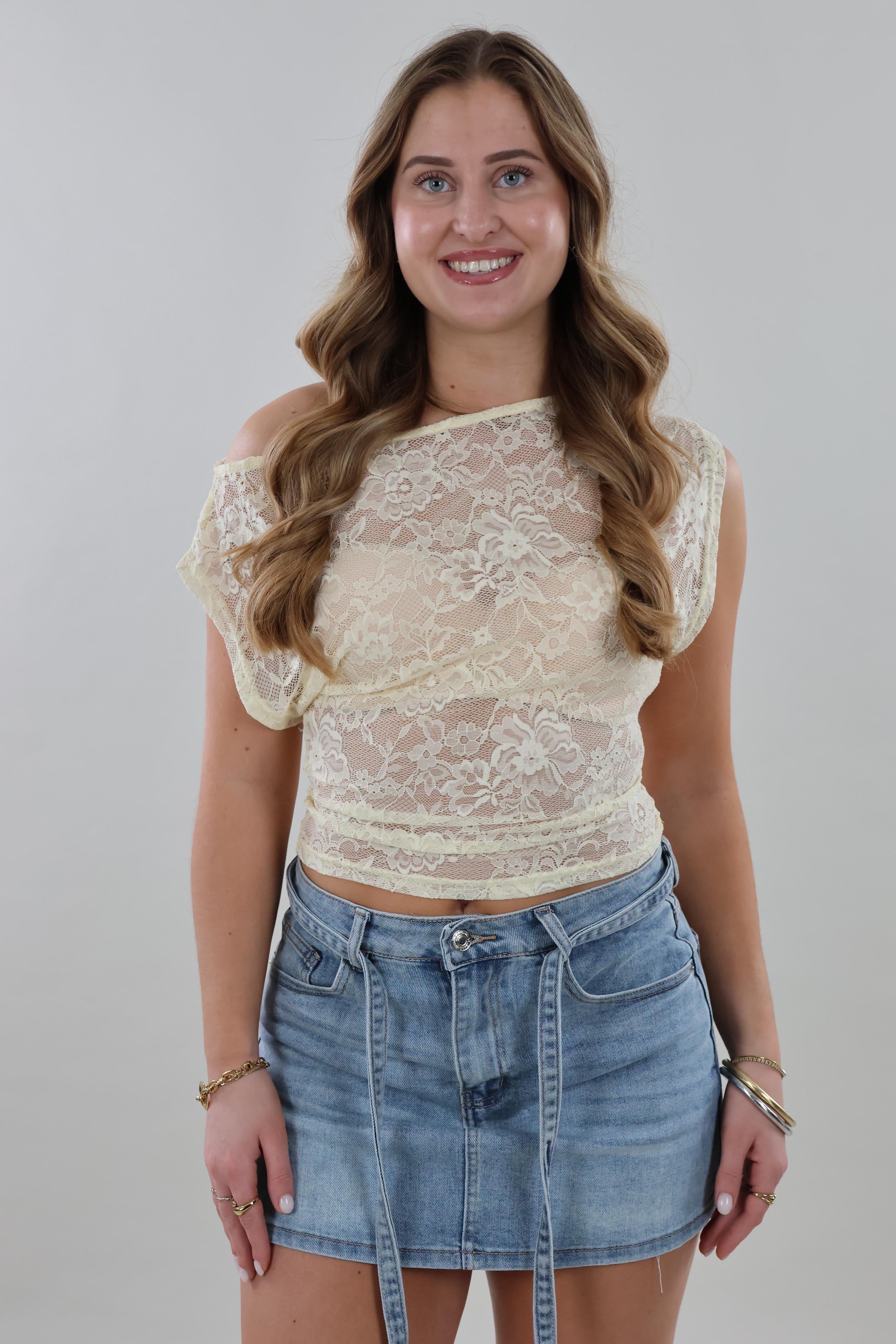 Sheer lace cropped Top - Butter yellow