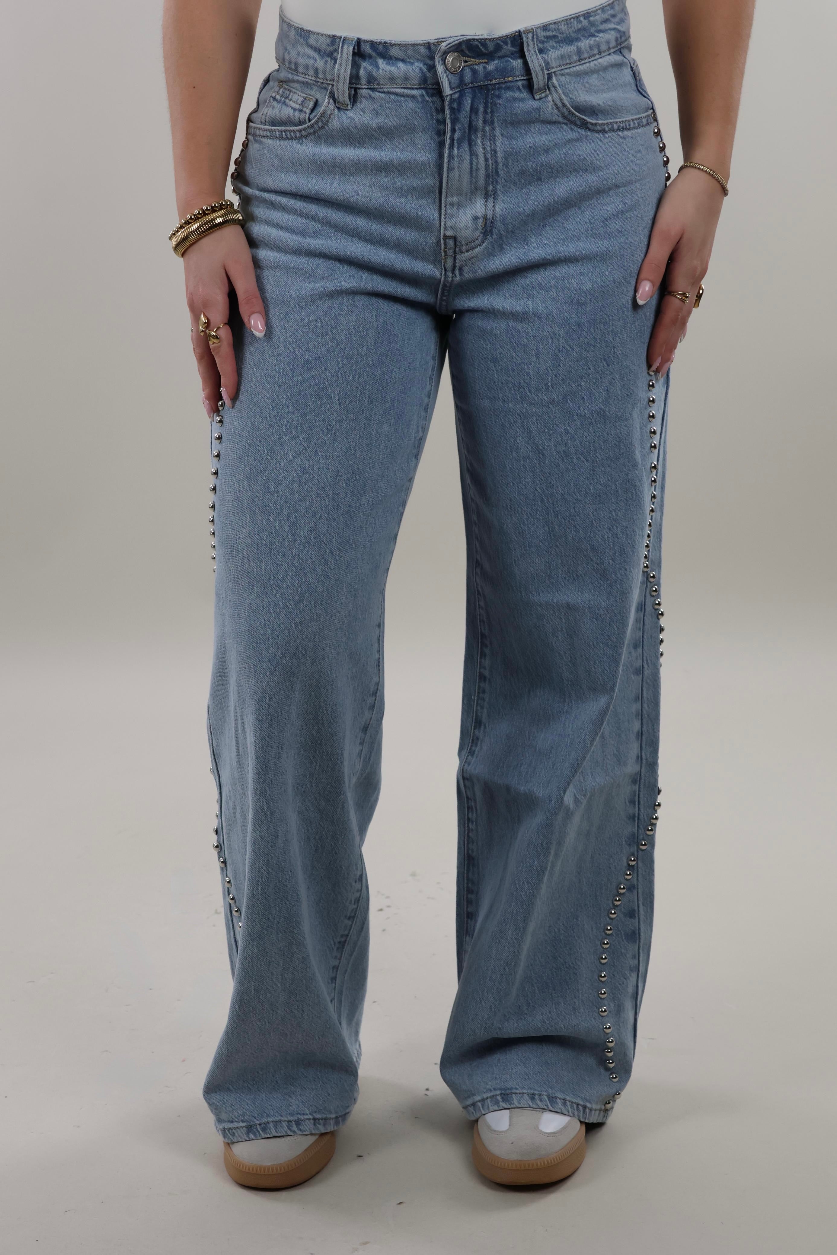 Studded side straight leg Jeans - Light washed blue