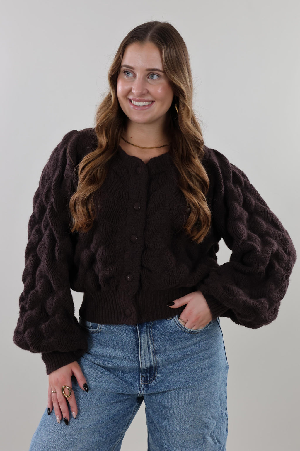 Bubbled knit Cardigan - Brown