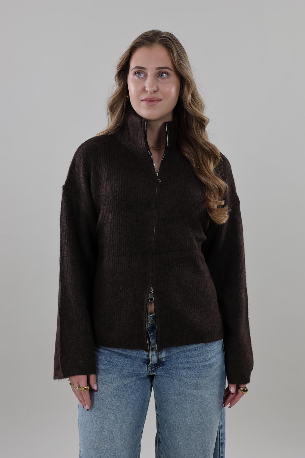 High neck zip Cardigan - Dark brown