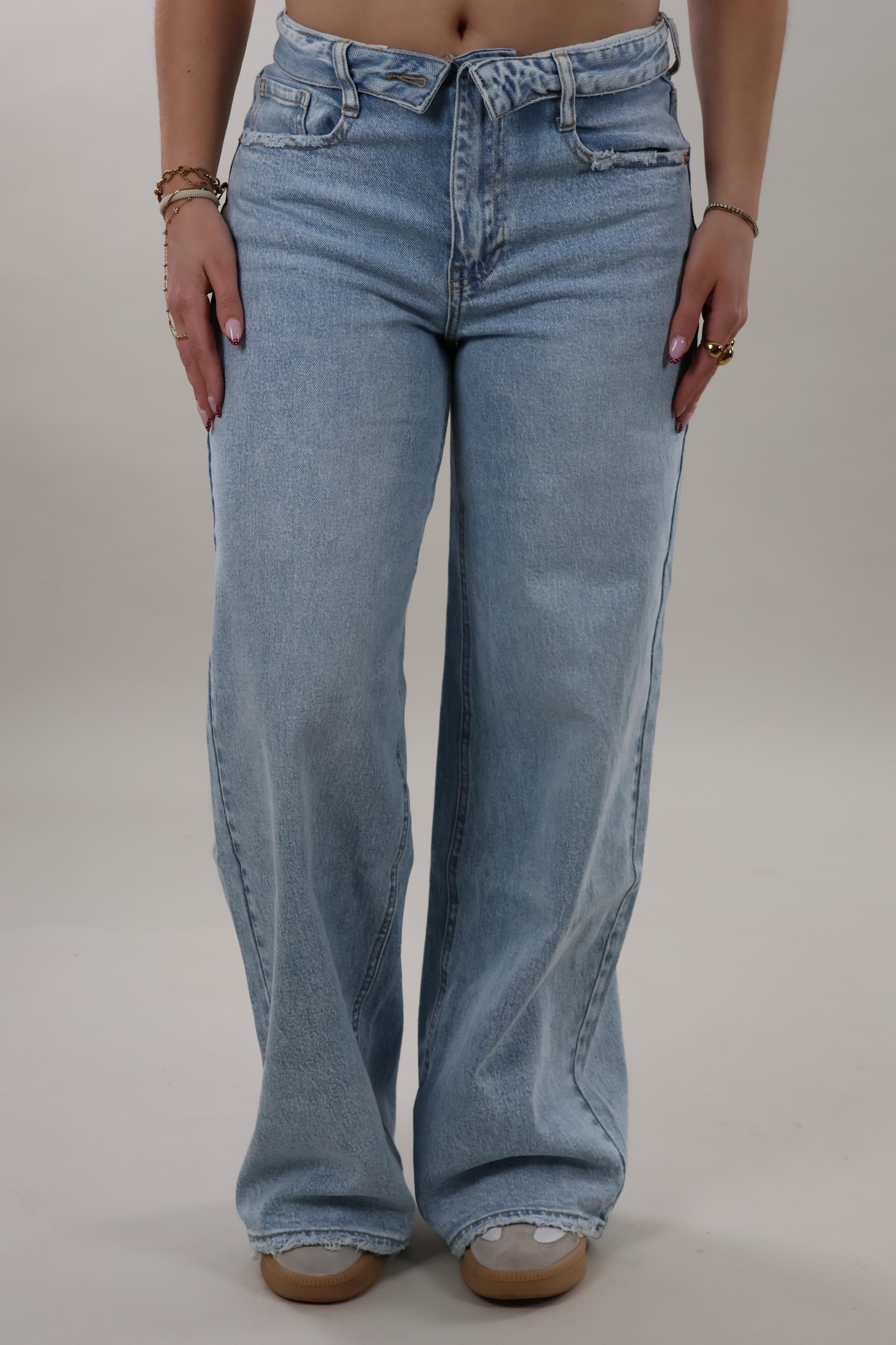 Foldover waist wide leg Jeans - Blue washed