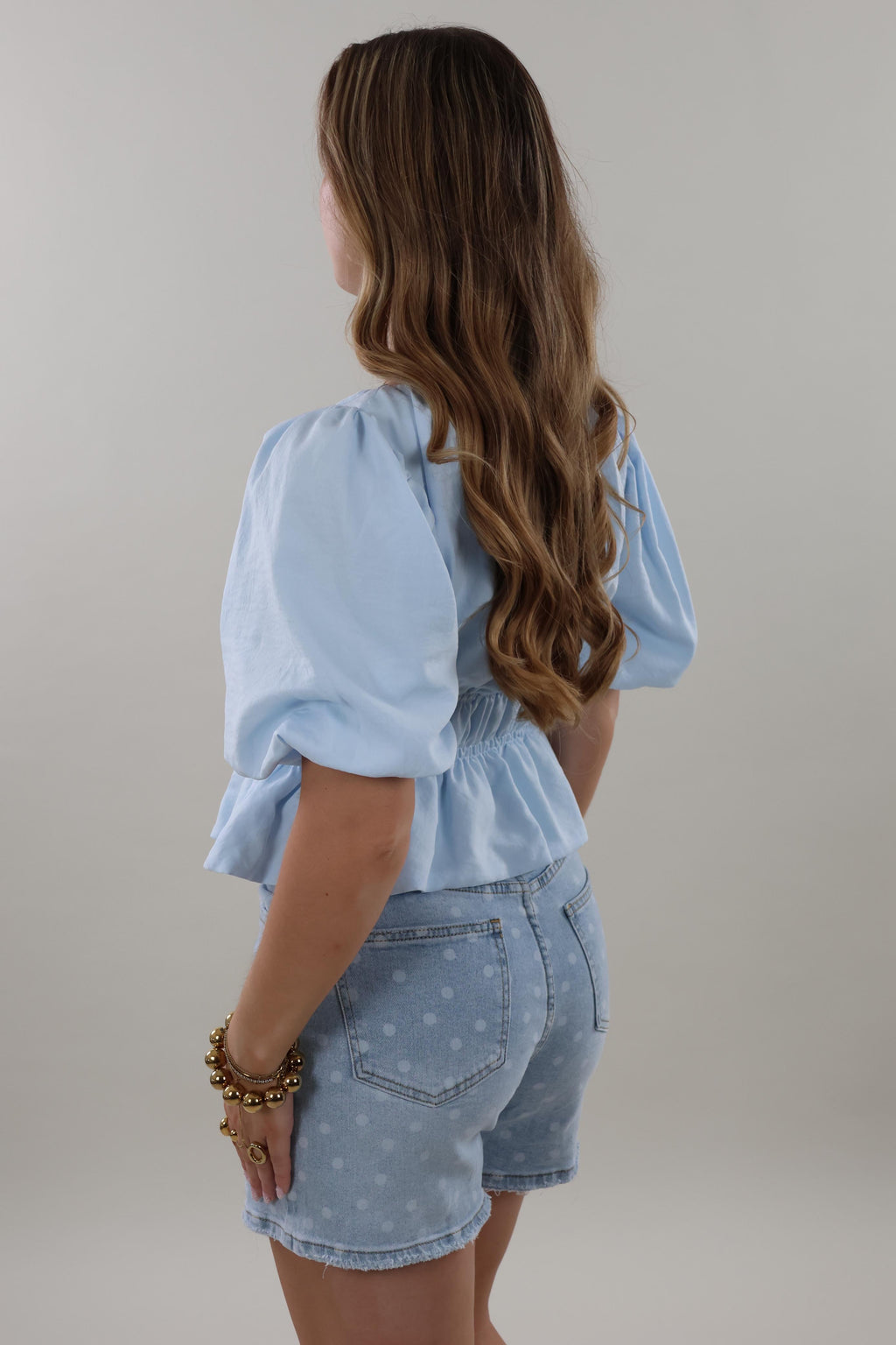 Smocked puff sleeve Top - Light blue