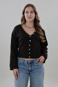 V-neck button Knit - Dark brown
