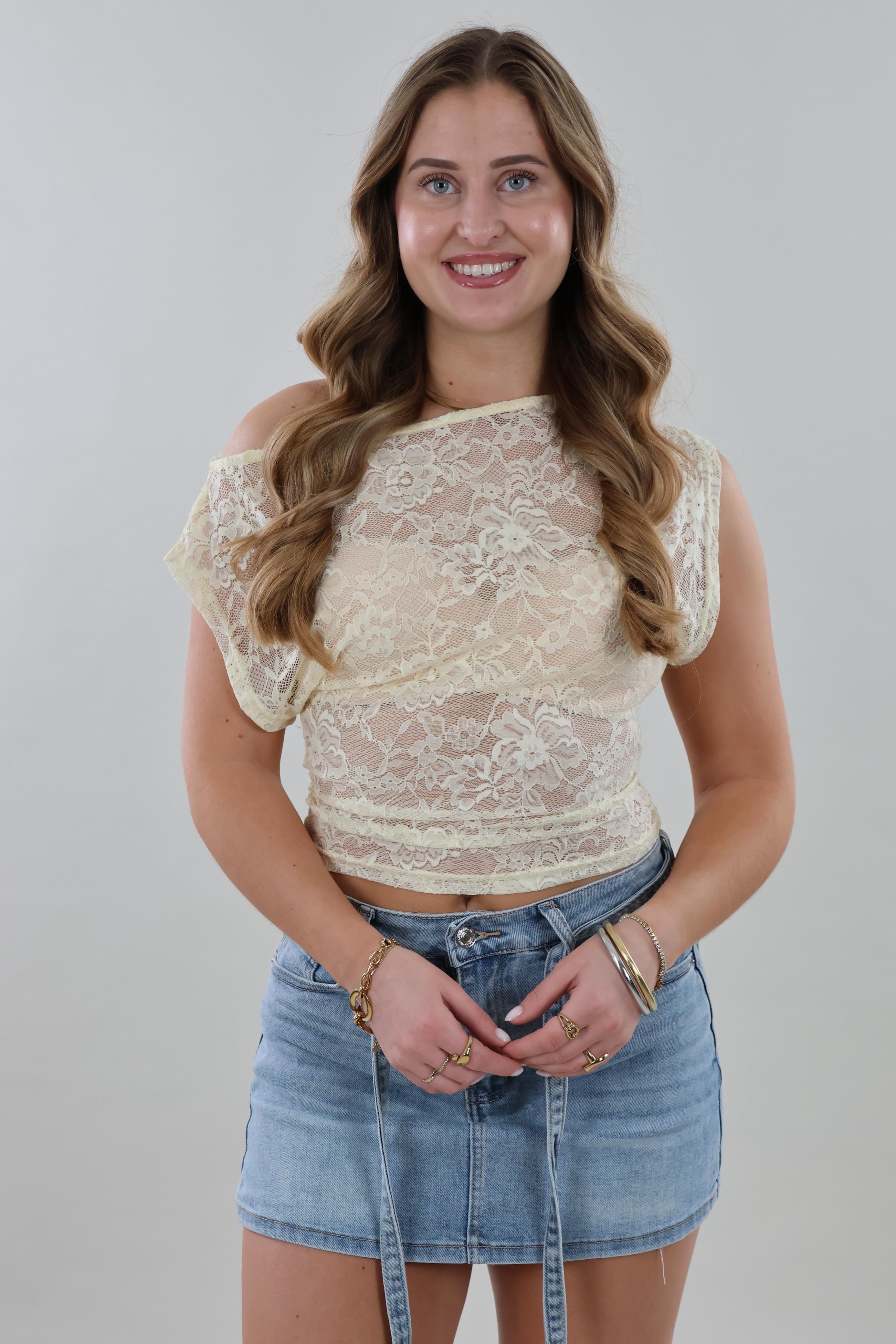 Sheer lace cropped Top - Butter yellow