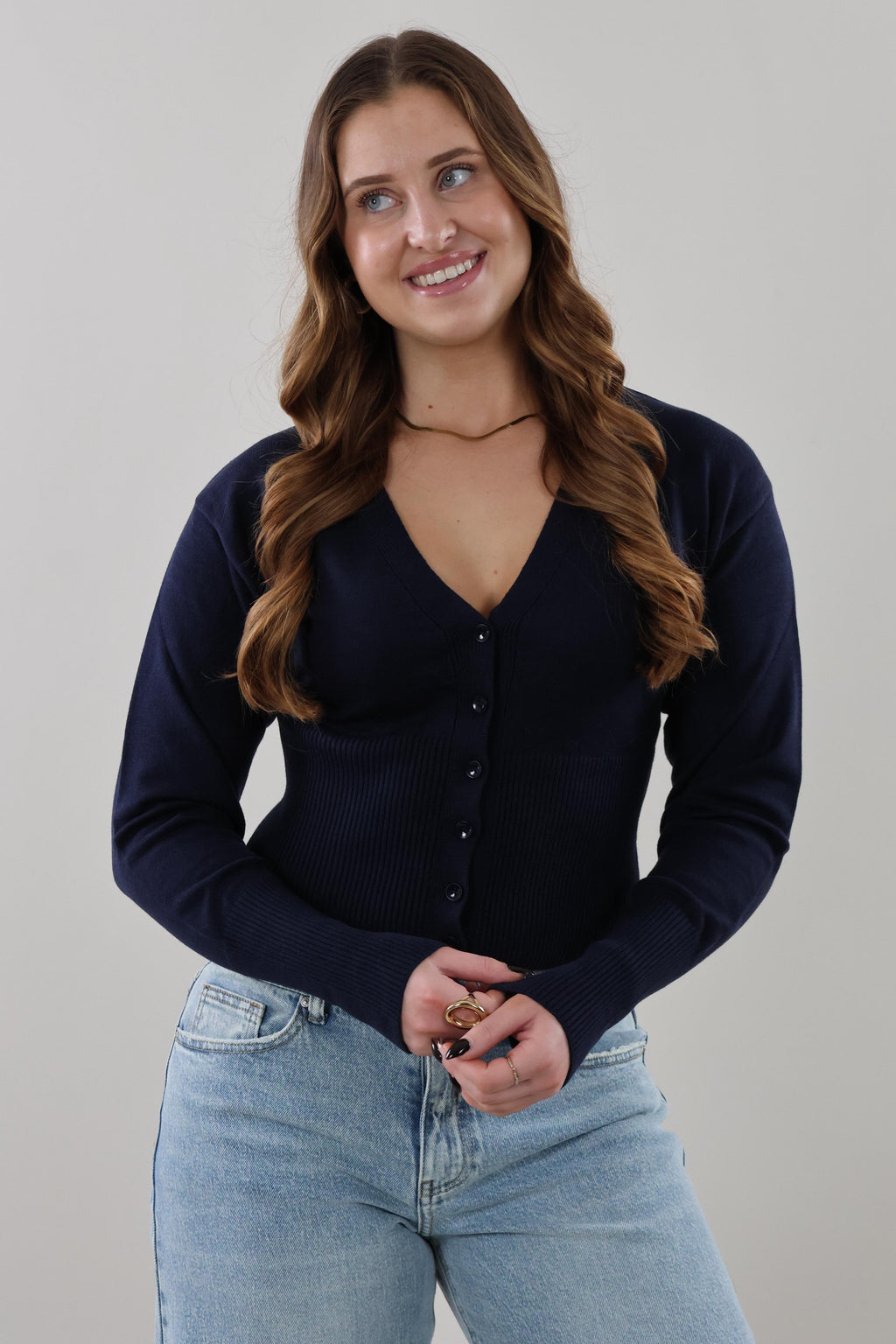 Ribbed button Cardigan - Navy