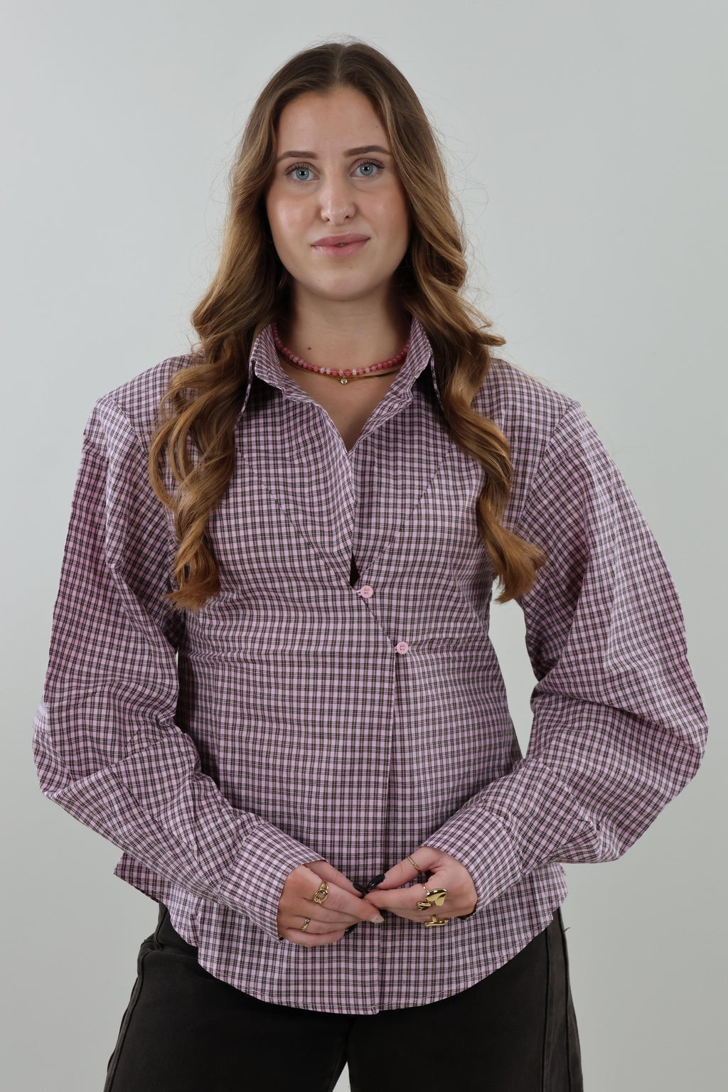Checked button Blouse - Pink