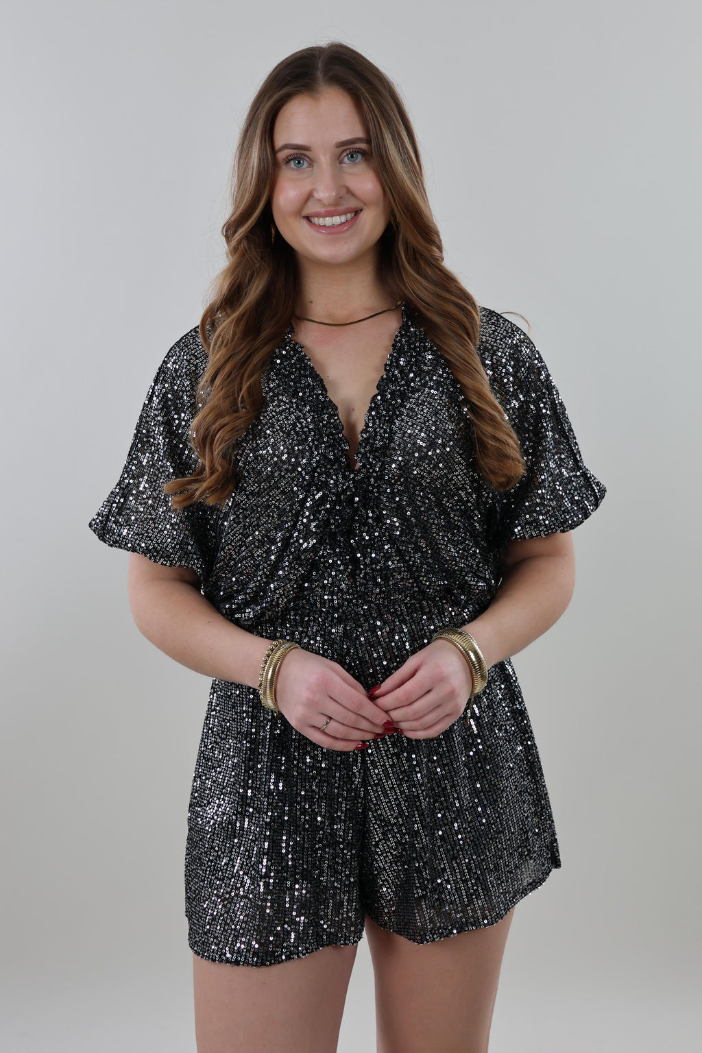 Sequin V-neck Playsuit – Silver