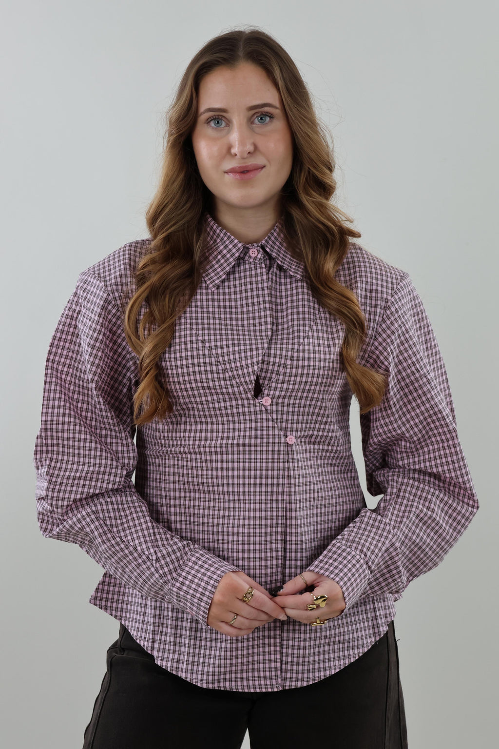 Checked button Blouse - Pink