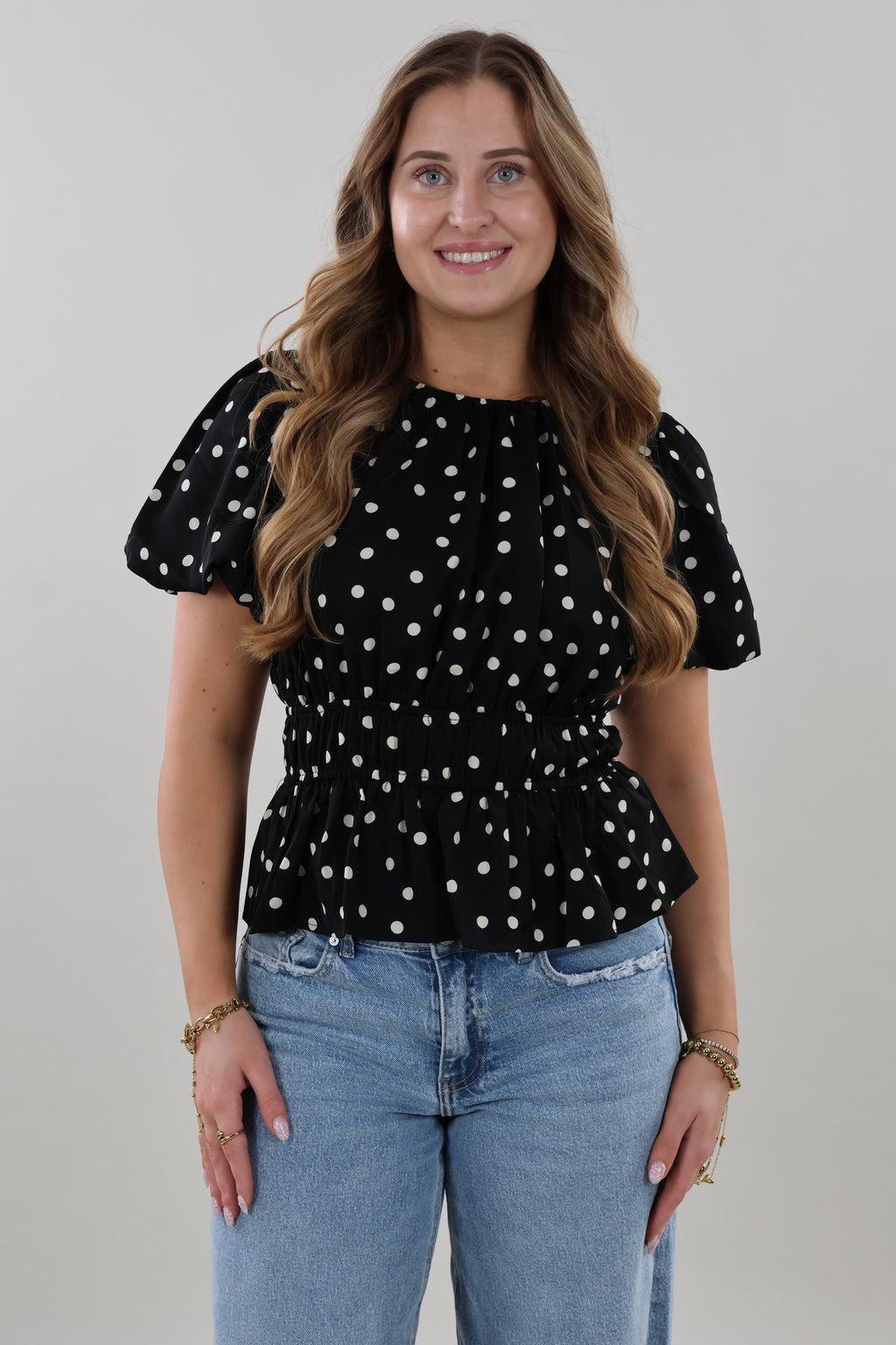 Polka smocked puff sleeve Top - Black