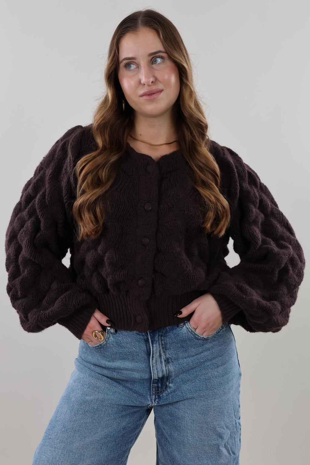 Bubbled knit Cardigan - Brown