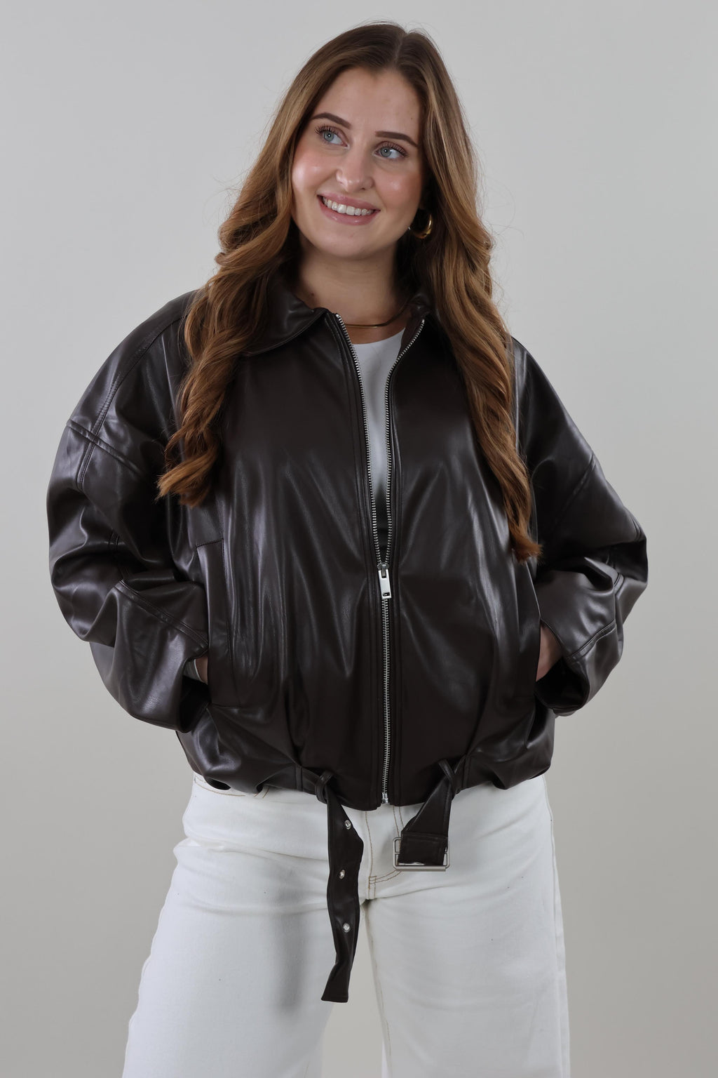 Brown faux leather bomber Jacket