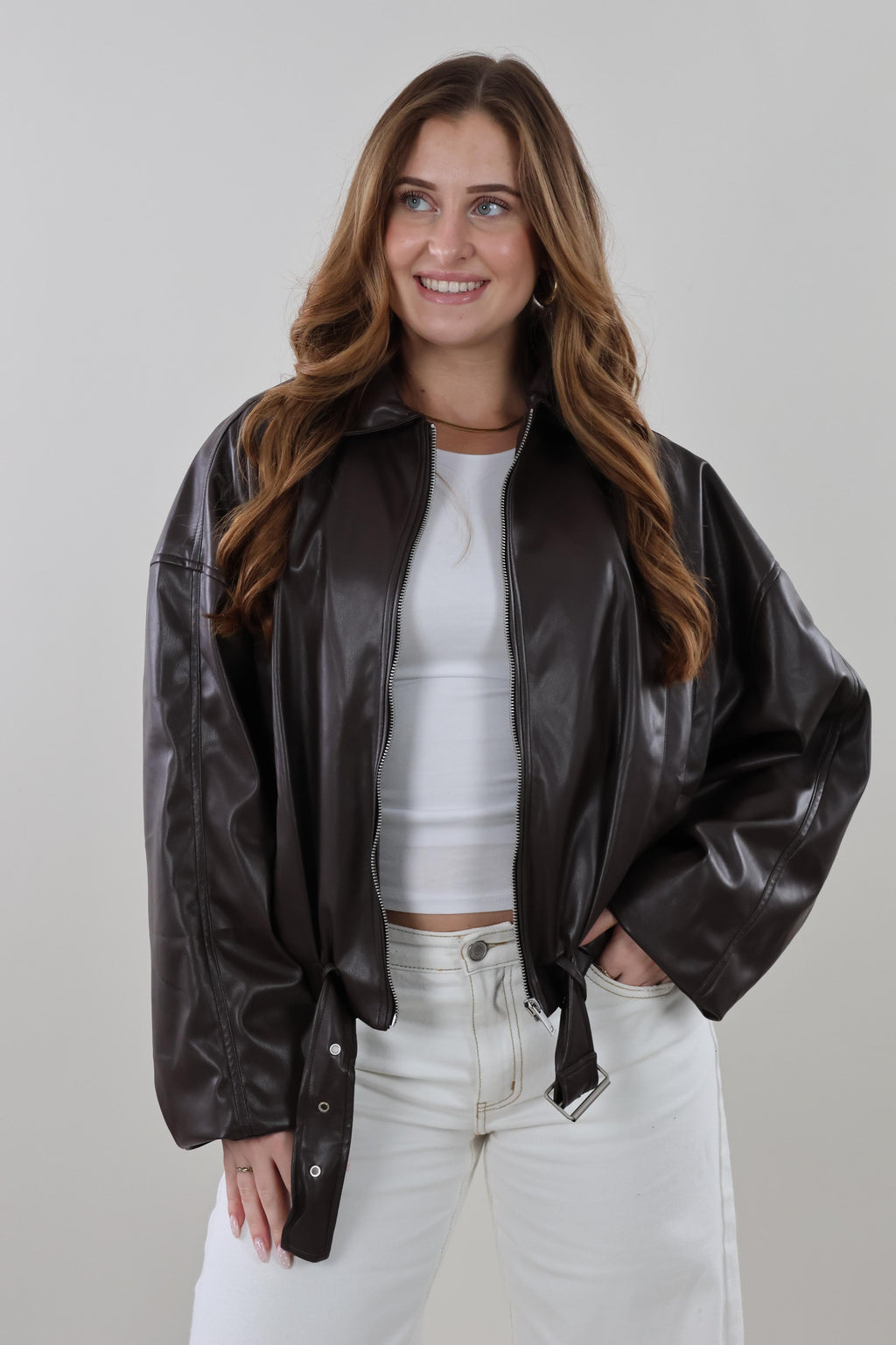 Brown faux leather bomber Jacket