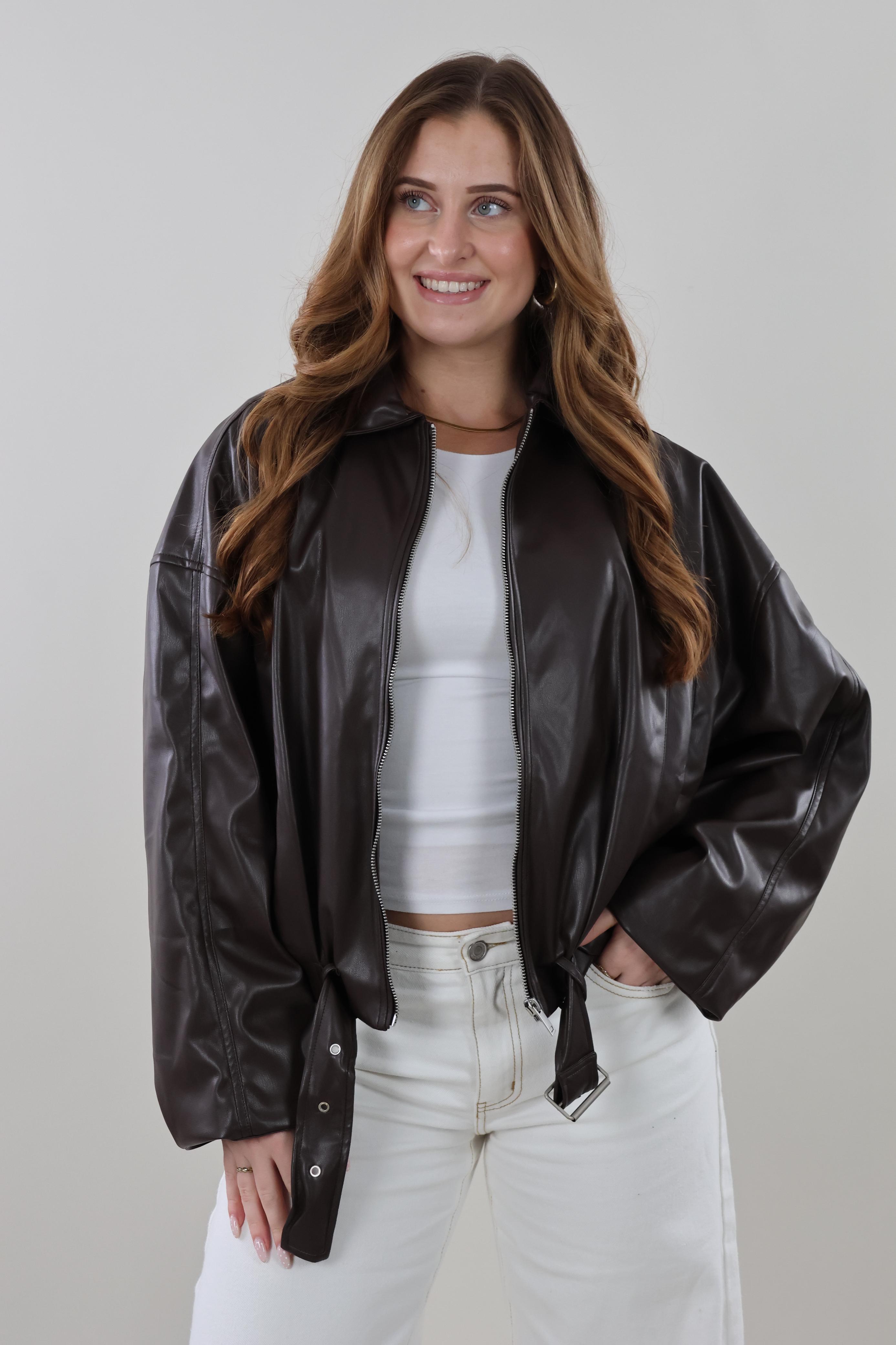 Brown faux leather bomber Jacket