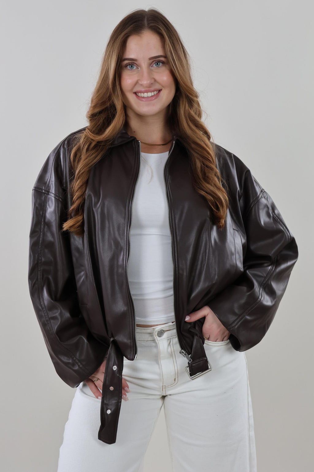 Brown faux leather bomber Jacket
