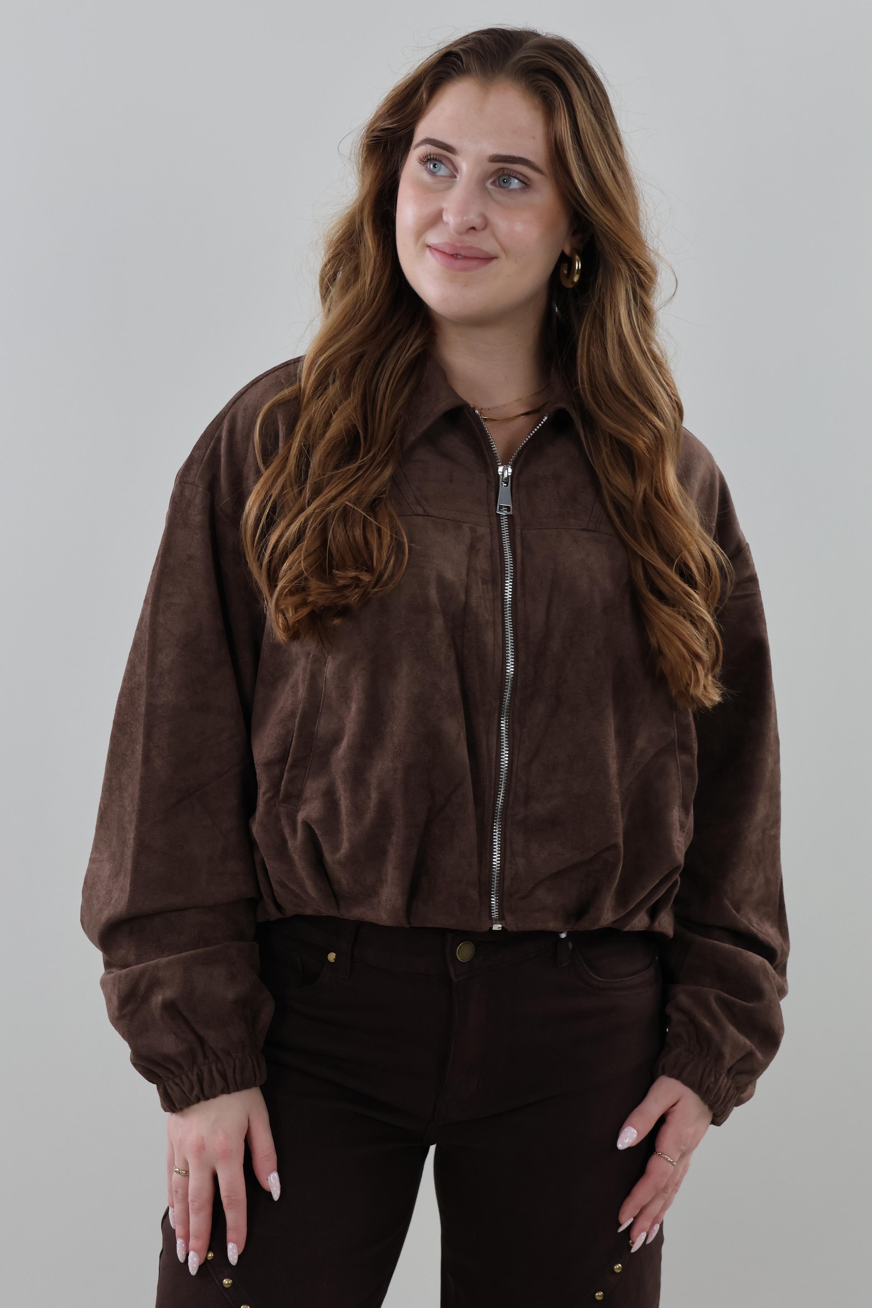 Suede look cropped Jacket - Brown