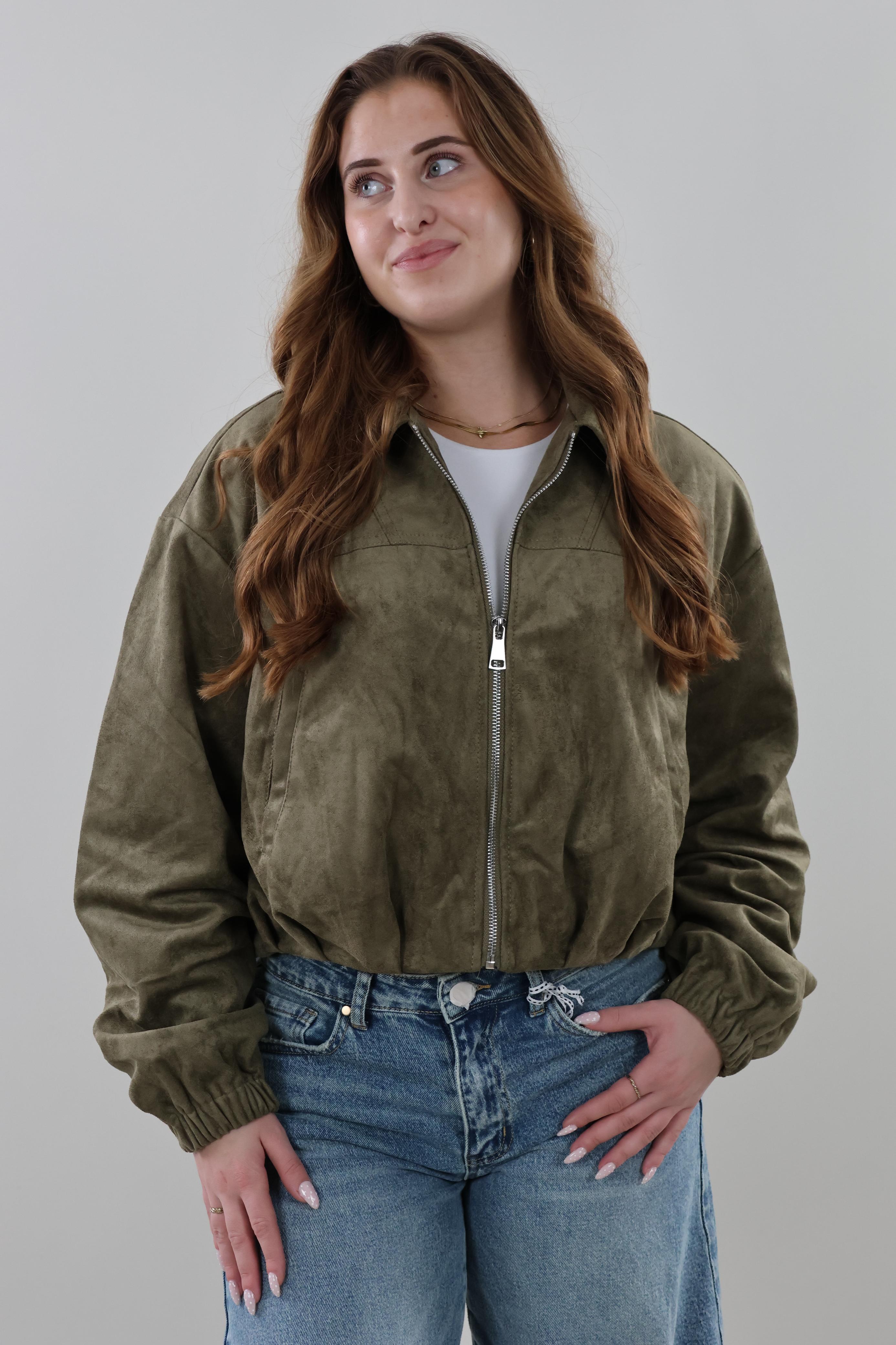 Suede look cropped Jacket - Khaki