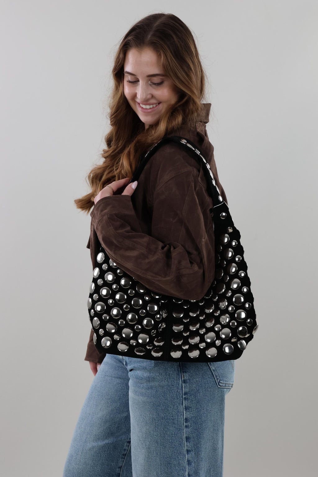 Suede look studded hobo Bag - Black