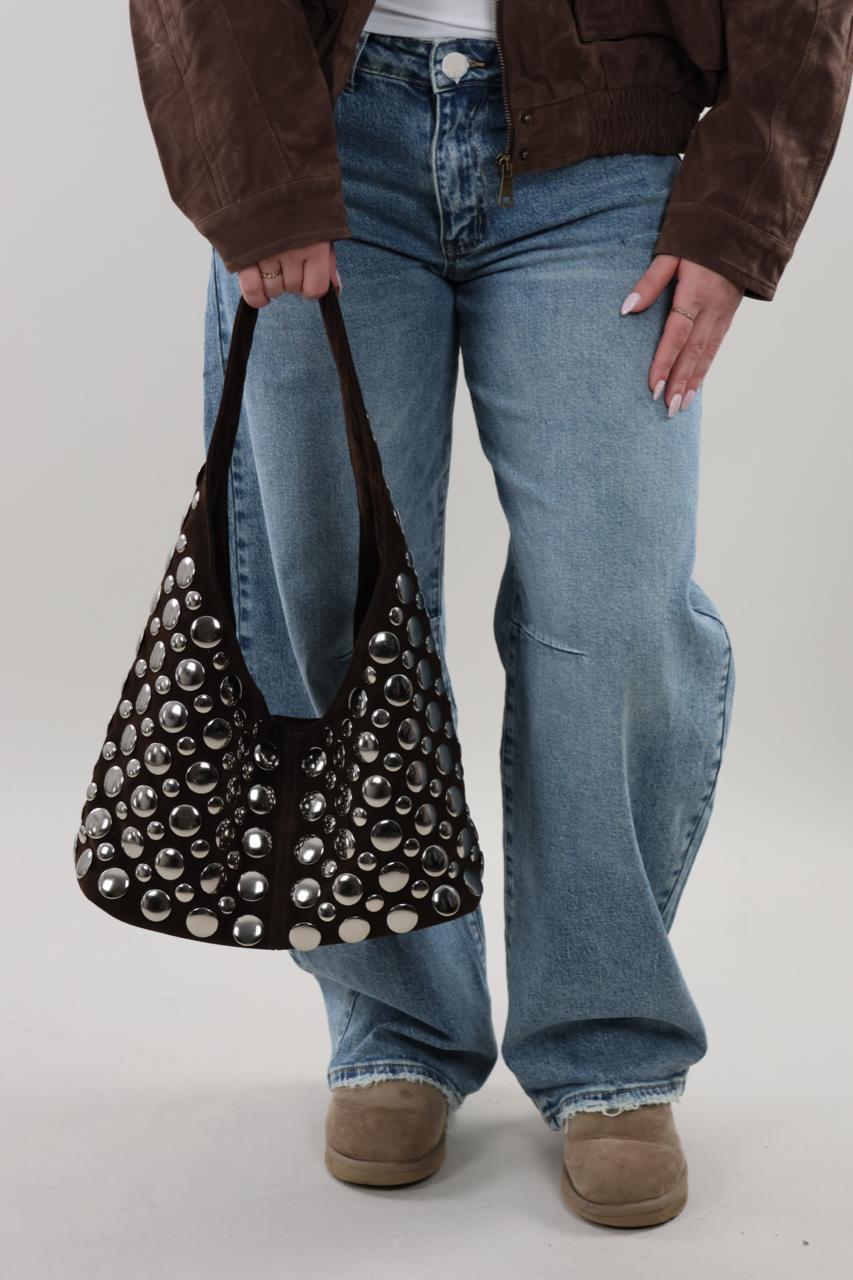Suede look studded hobo Bag - Brown
