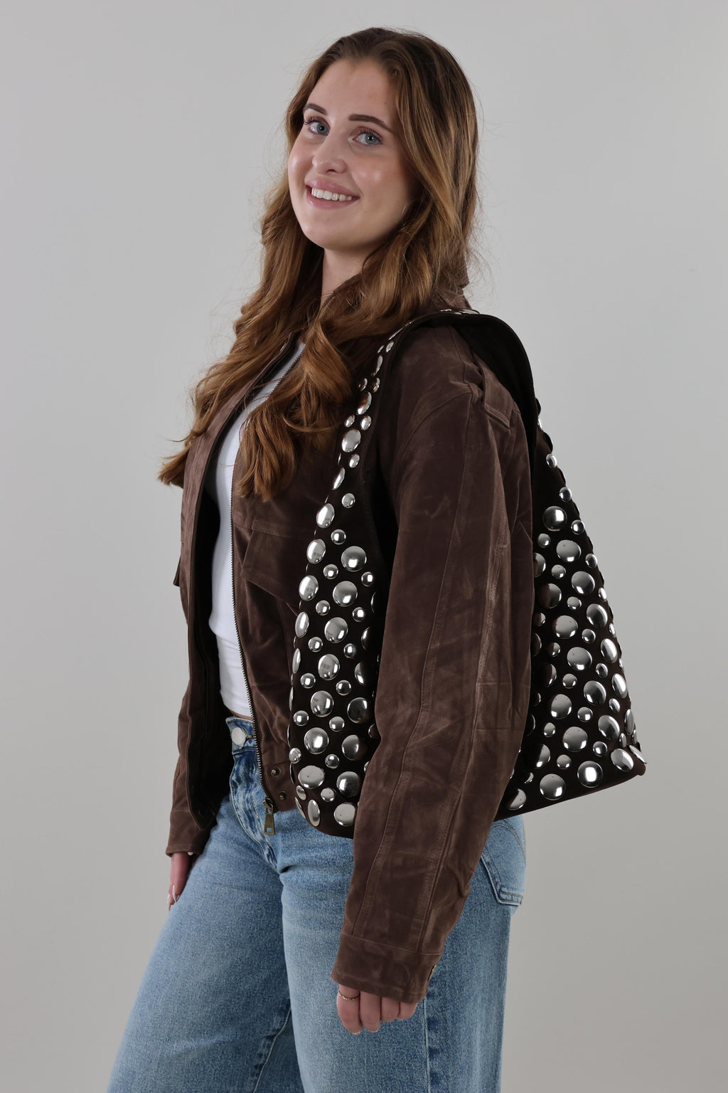 Suede look studded hobo Bag - Brown