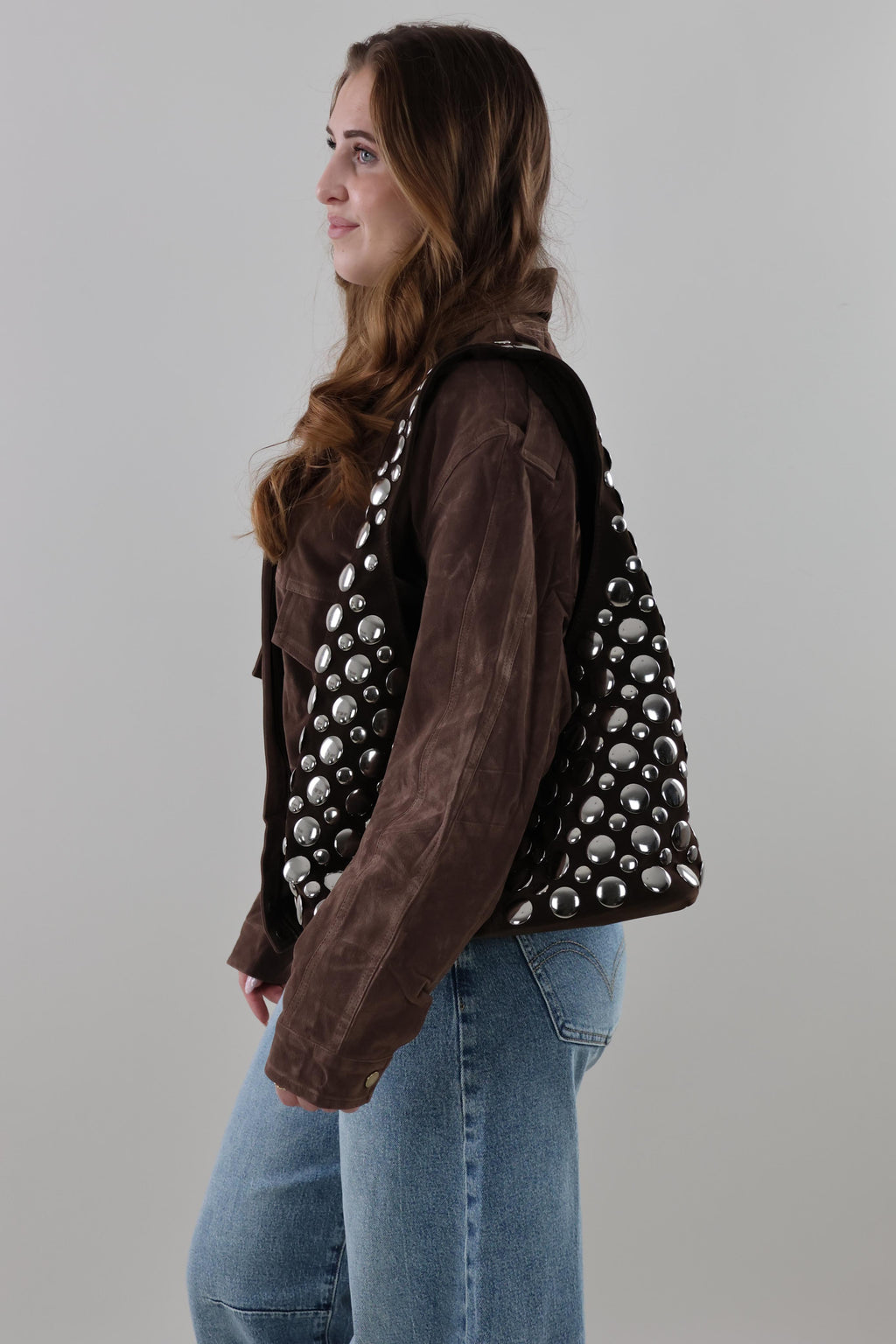Suede look studded hobo Bag - Brown