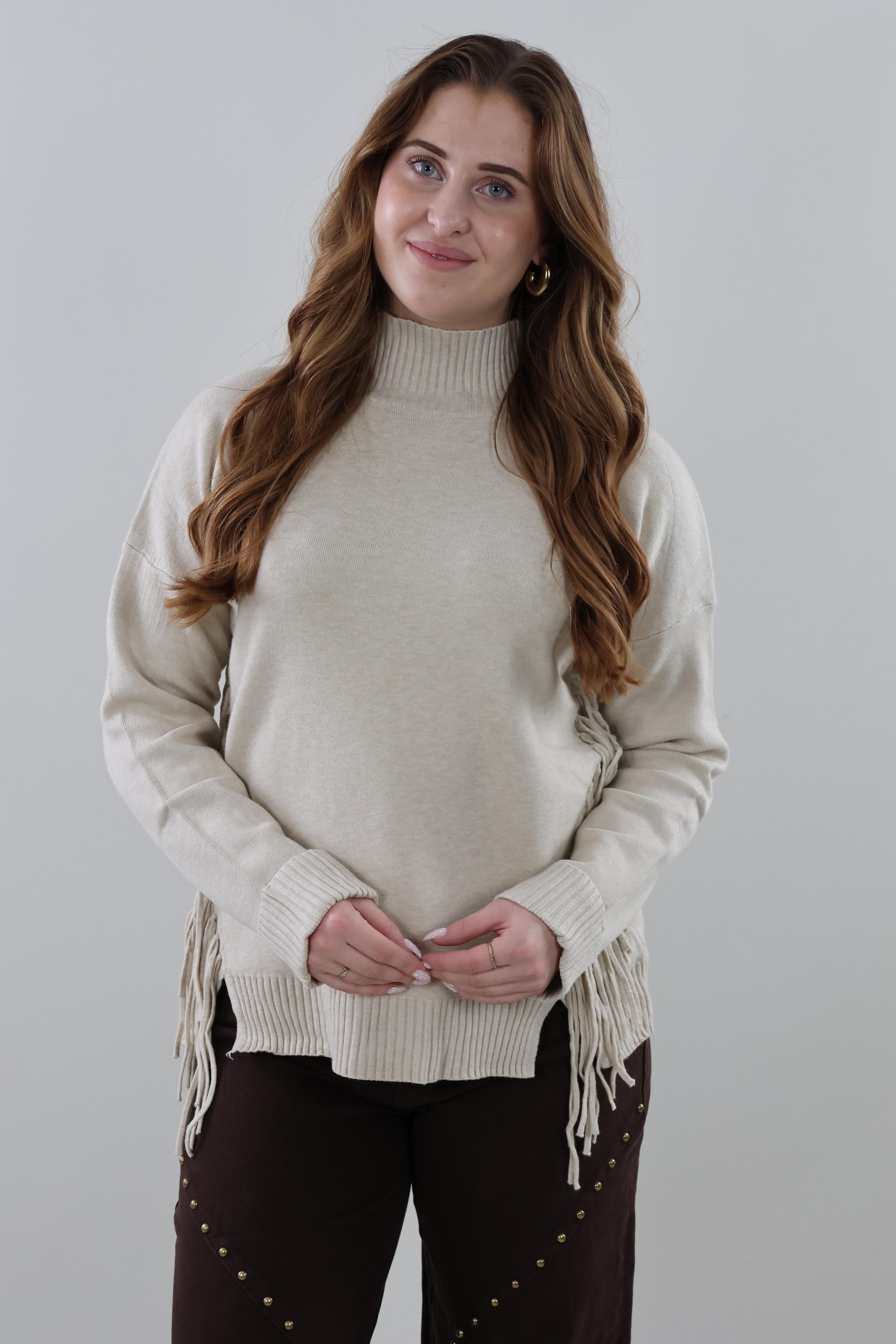 Fringe Turtleneck Sweater - Beige