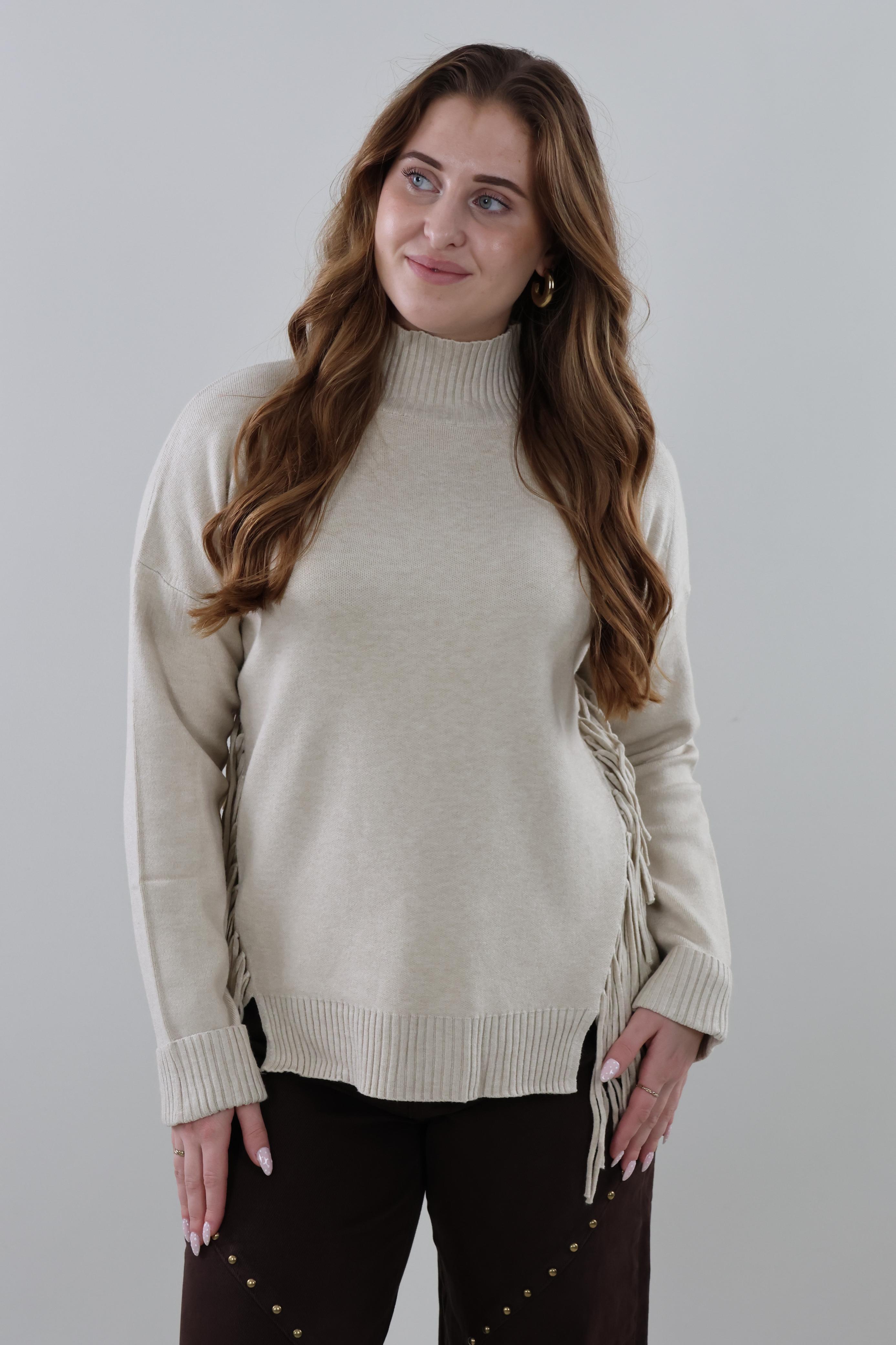 Fringe Turtleneck Sweater - Beige