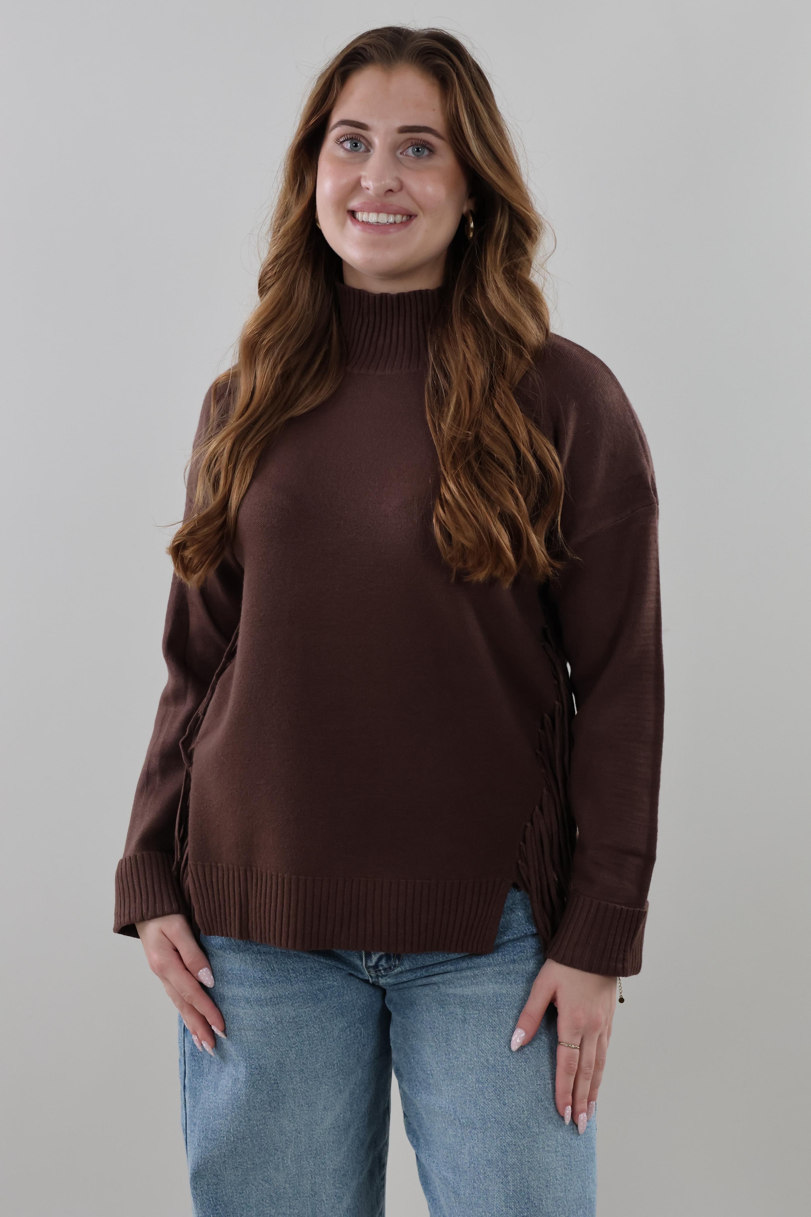 Fringe Turtleneck Sweater - Brown