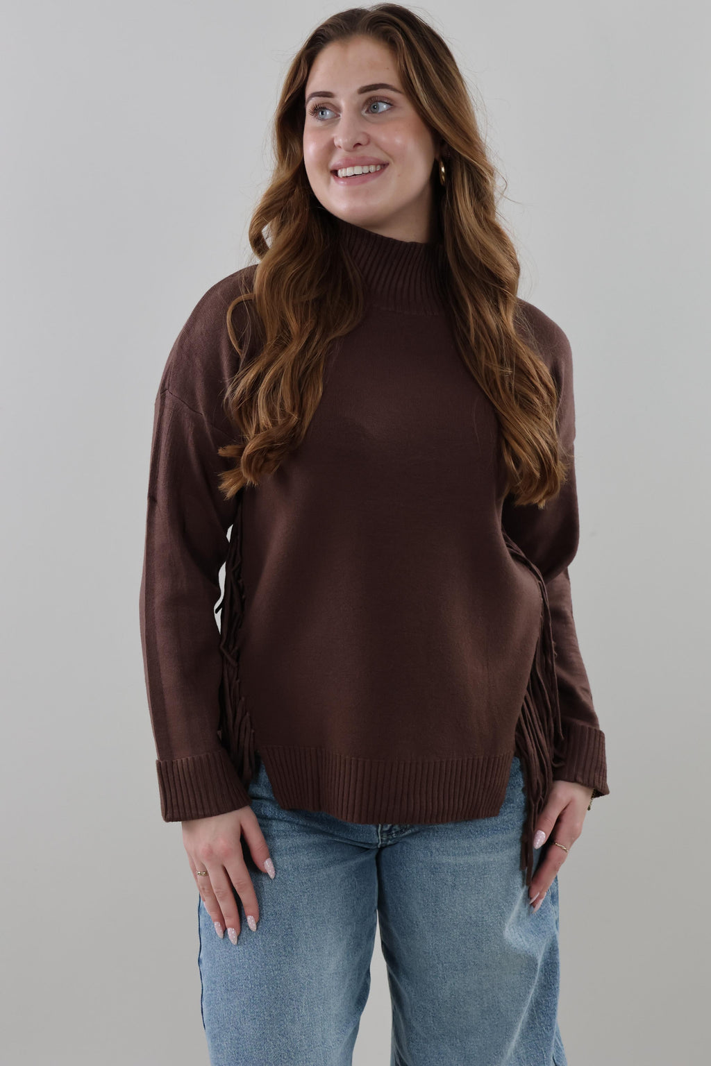 Fringe Turtleneck Sweater - Brown