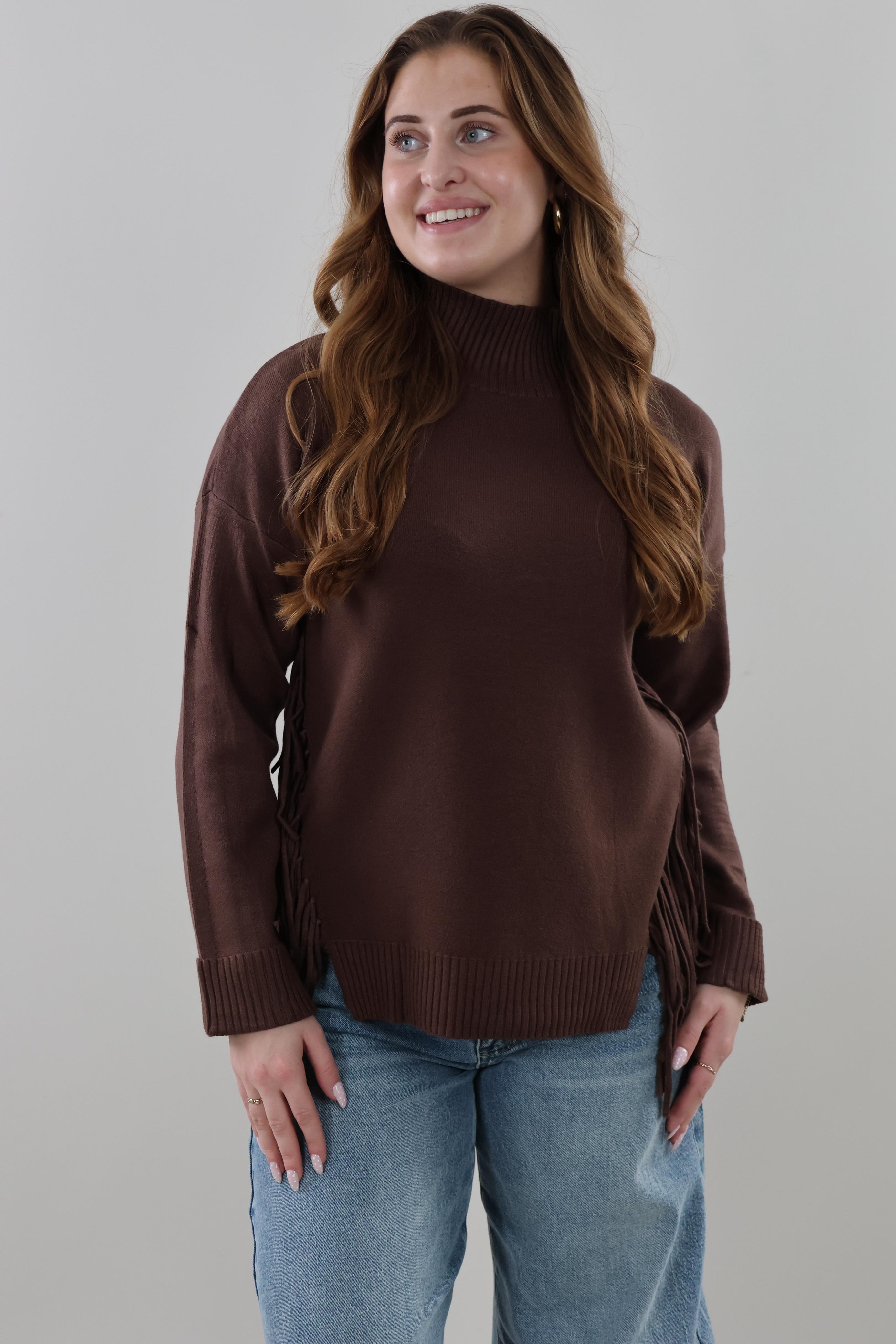 Fringe Turtleneck Sweater - Brown