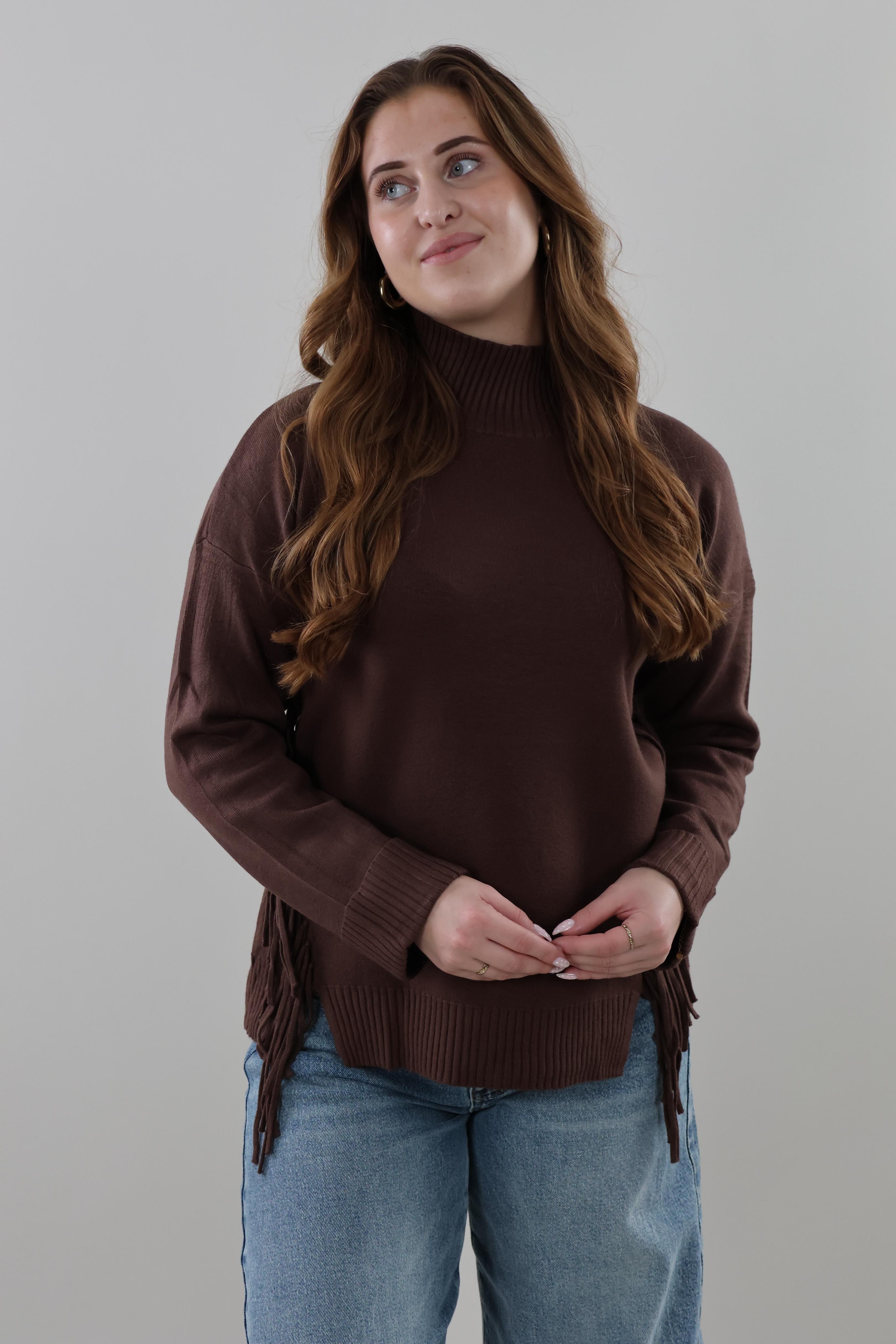 Fringe Turtleneck Sweater - Brown