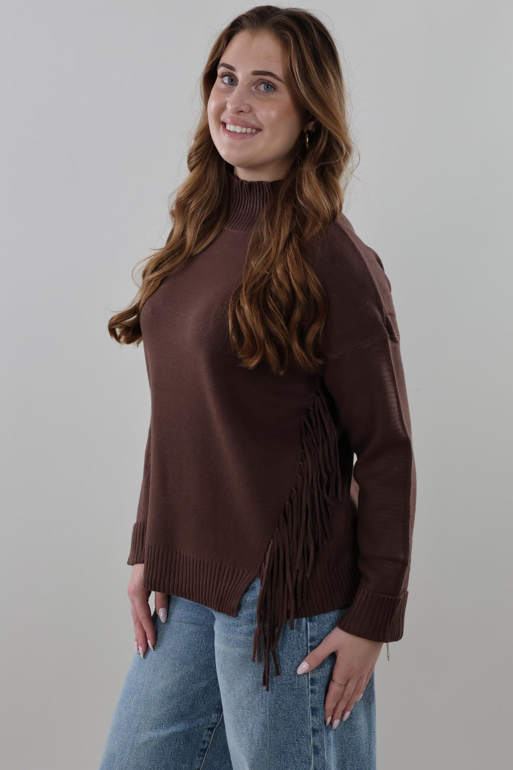 Fringe Turtleneck Sweater - Brown