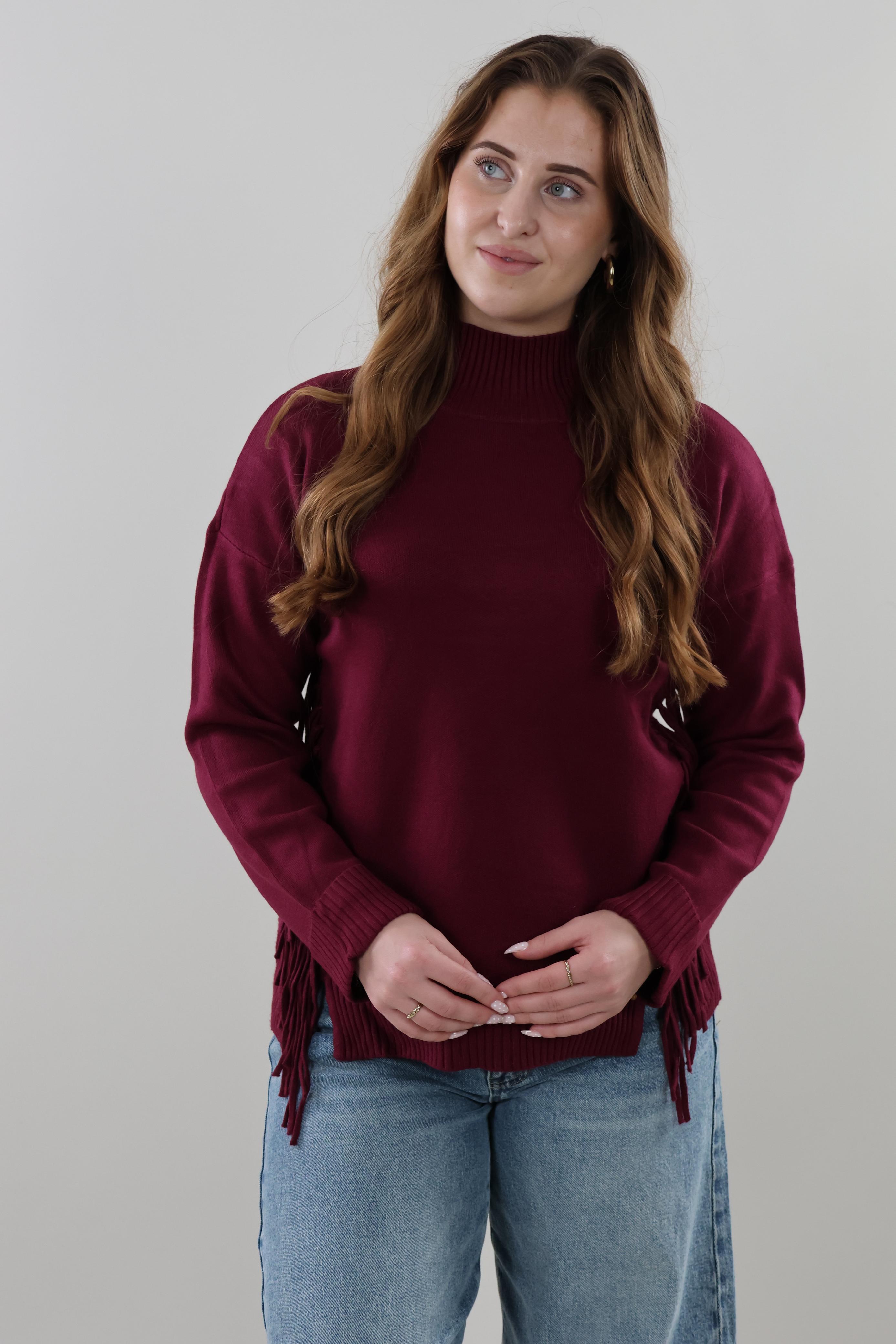 Fringe Turtleneck Sweater - Burgundy
