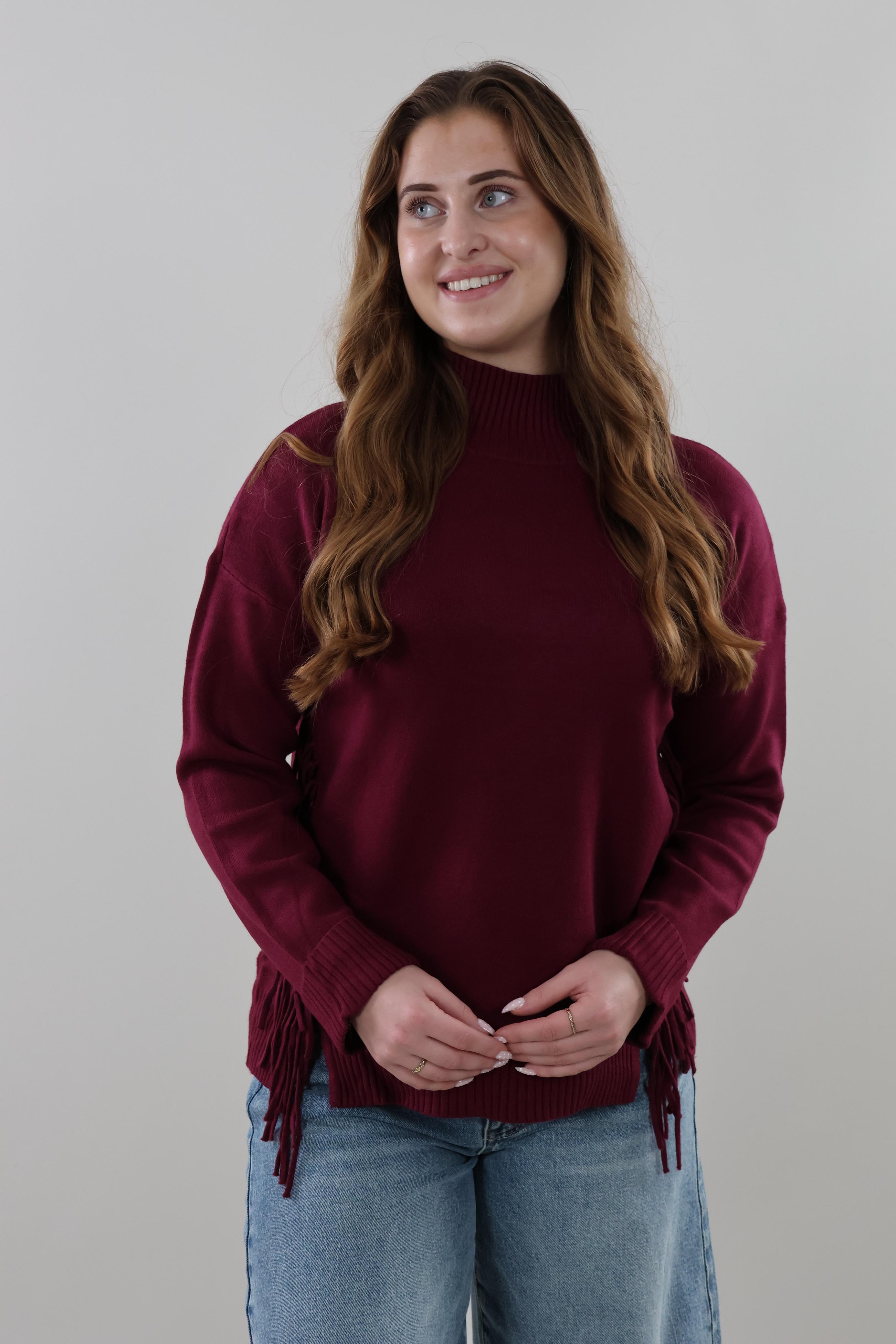 Fringe Turtleneck Sweater - Burgundy